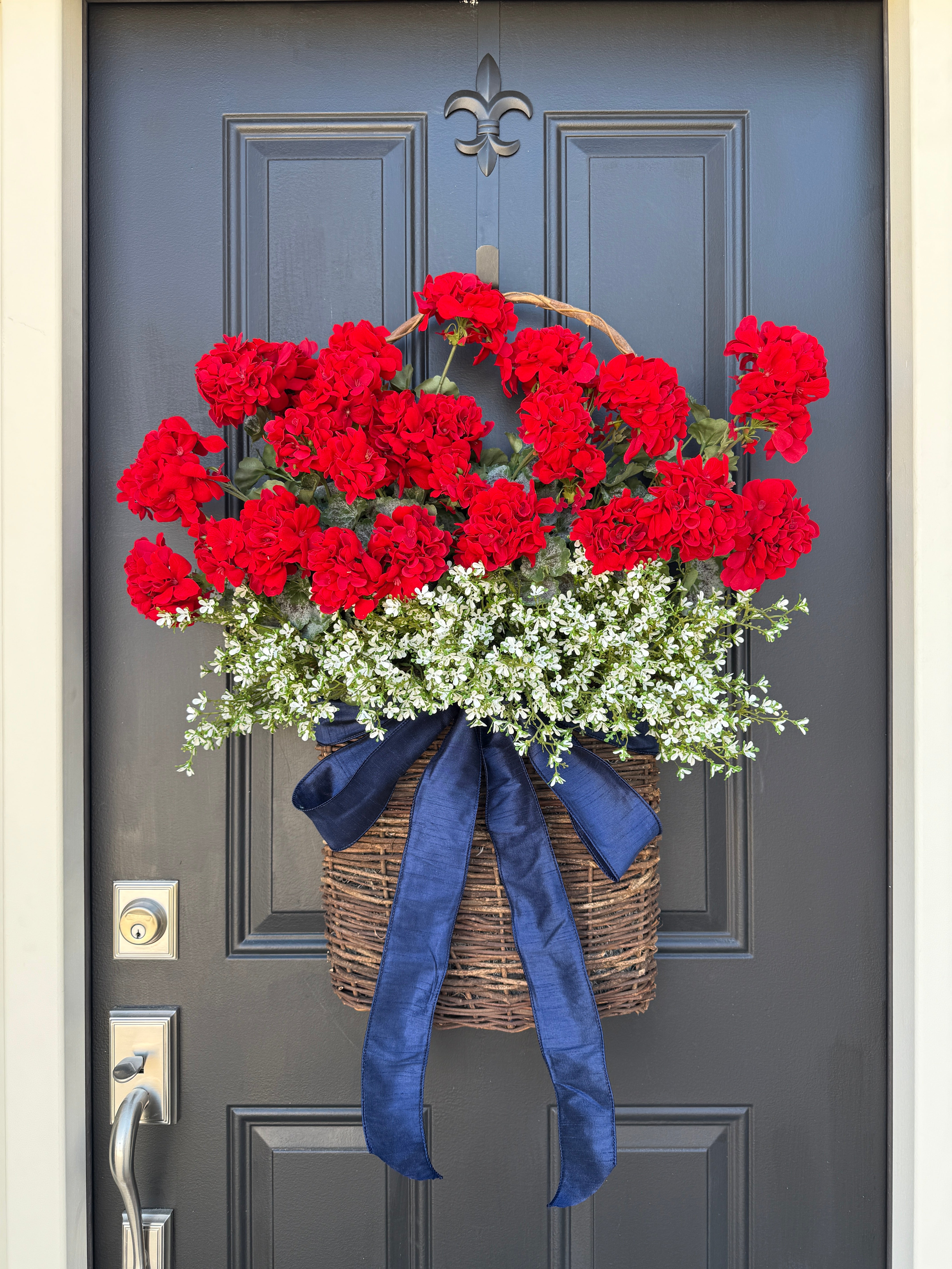 Summer Red Geranium Basket Wreath - 4th of July Door Decorations