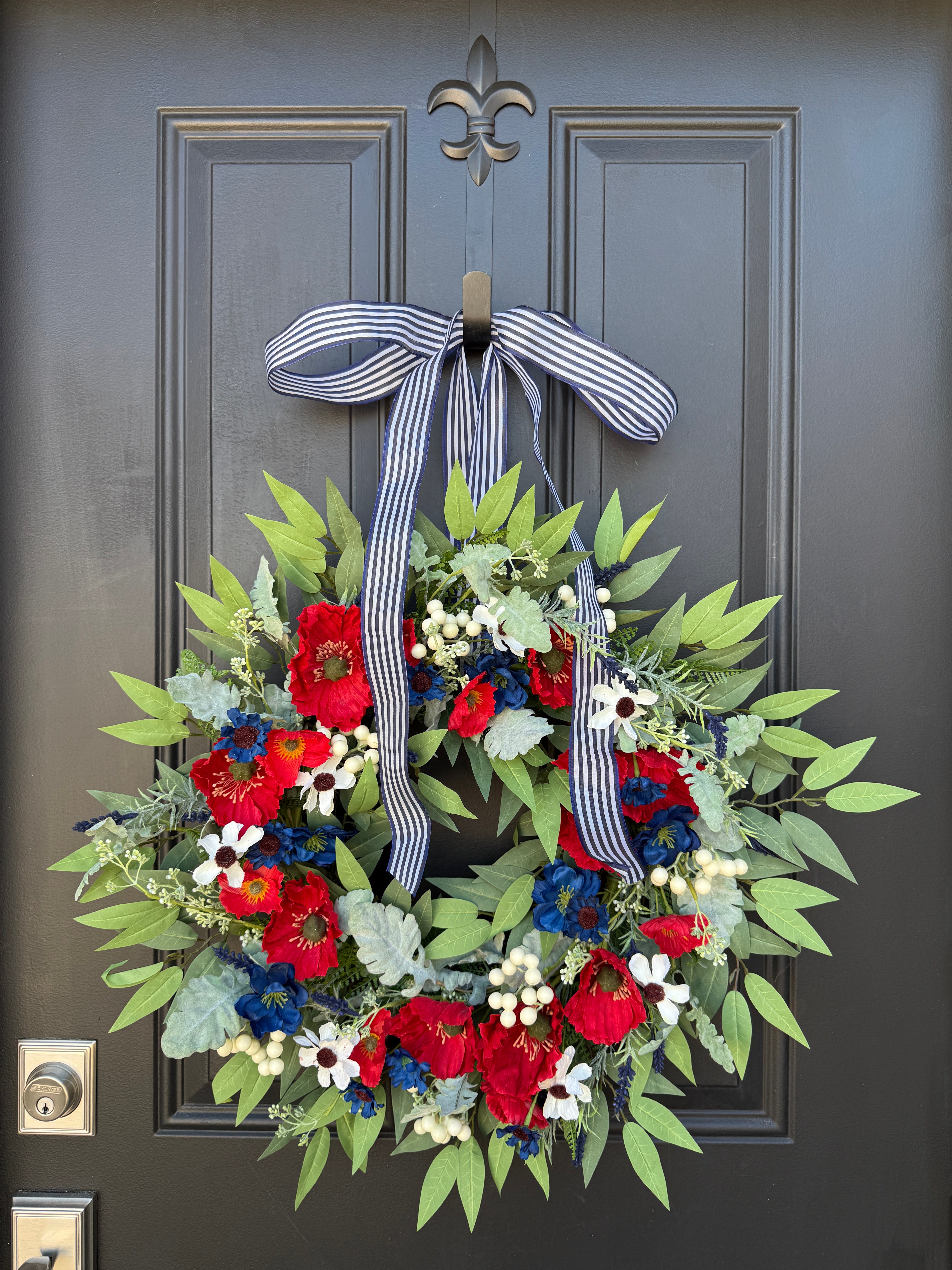 Americana Patriotic Wreath with Red, White & Blue Florals –4th of July Wreath by Twoinspireyou
