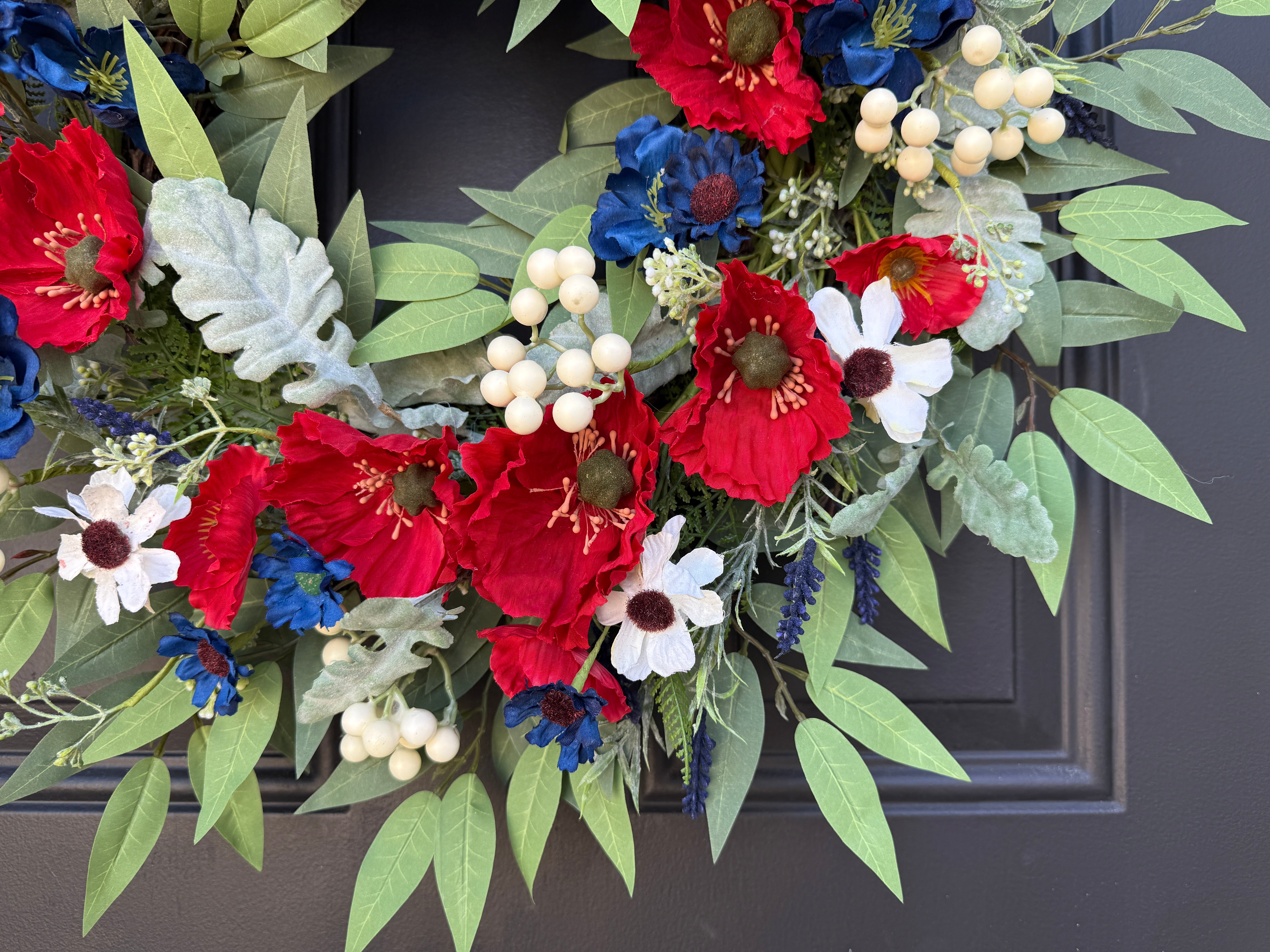 Americana Patriotic Wreath with Red, White & Blue Florals –4th of July Wreath by Twoinspireyou