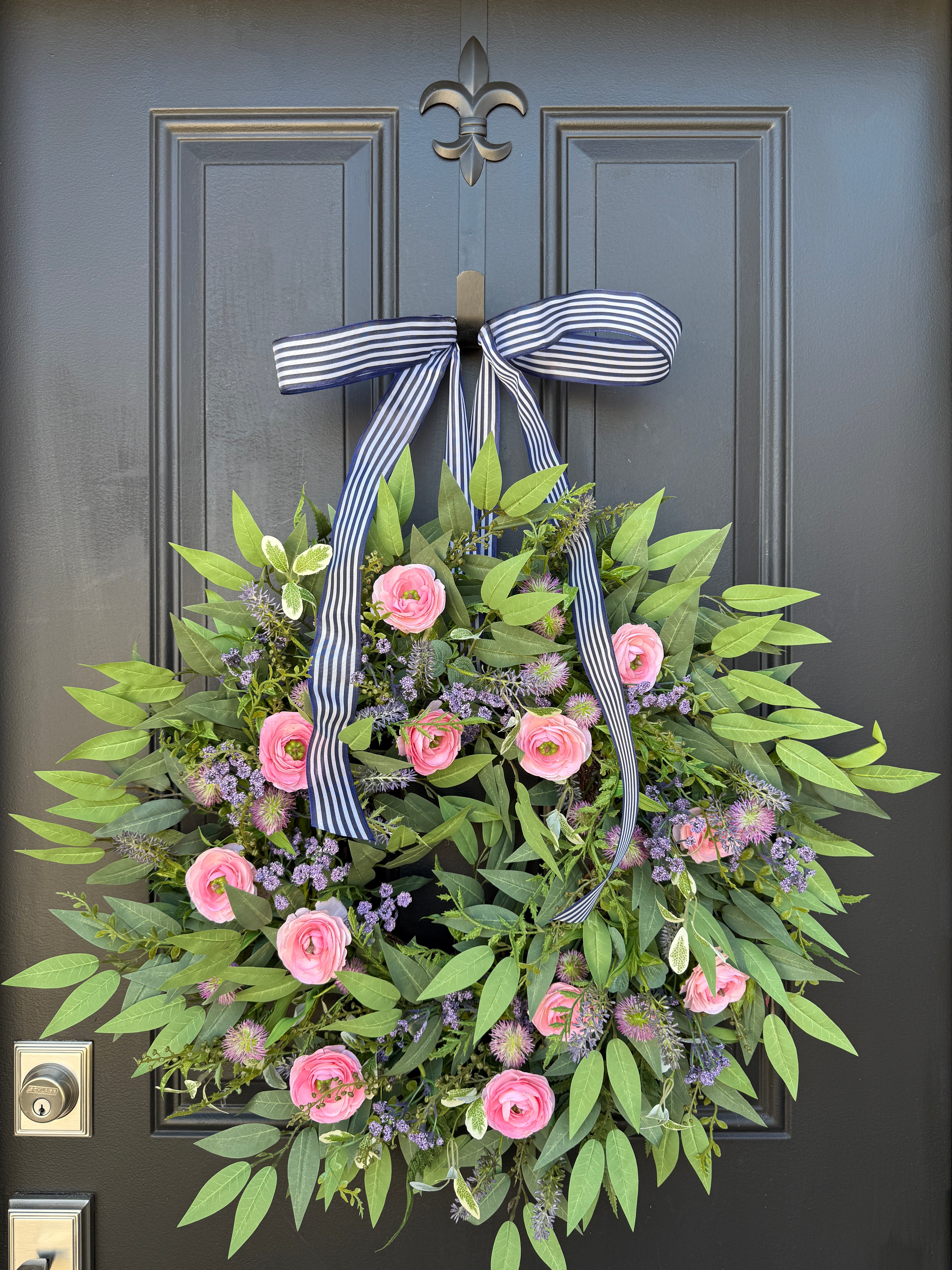 Elegant Pink Ranunculus Spring Wreath with Navy Stripe Bow – Front Door Decor
