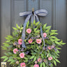 Elegant Pink Ranunculus Spring Wreath with Navy Stripe Bow – Front Door Decor - TwoInspireYou