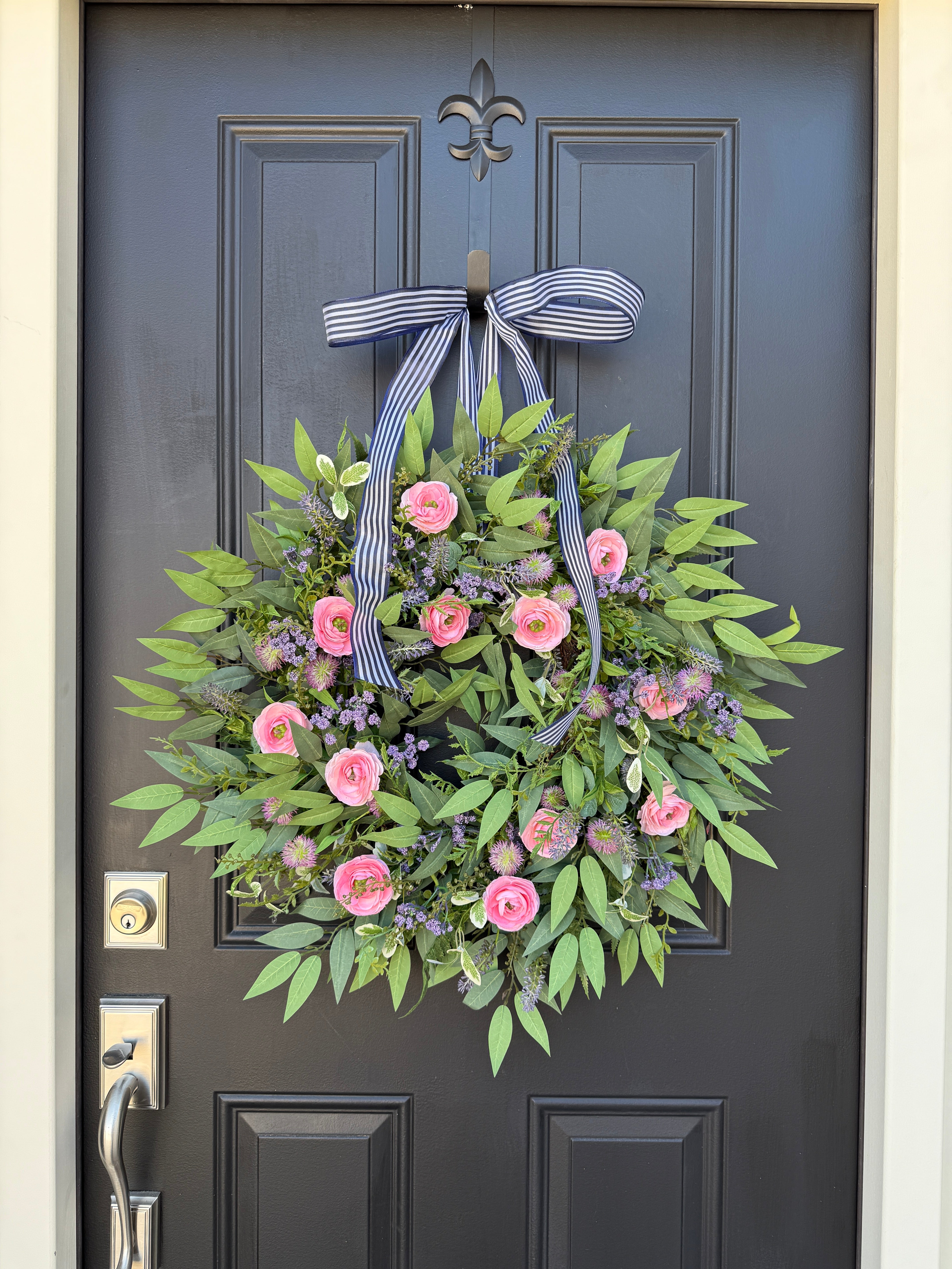 Elegant Pink Ranunculus Spring Wreath with Navy Stripe Bow – Front Door Decor
