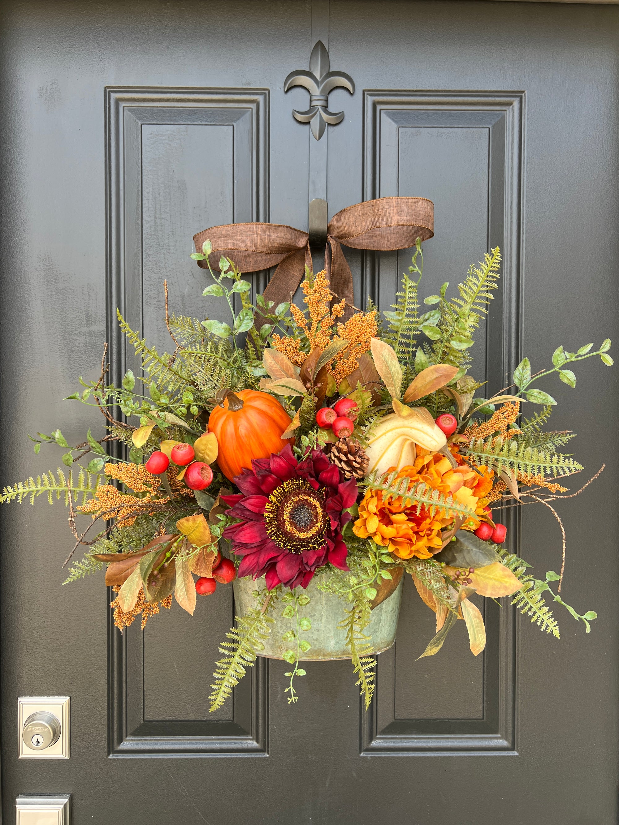 Autumn Bucket Wreath, Decorative Fall Arrangement for Front Door