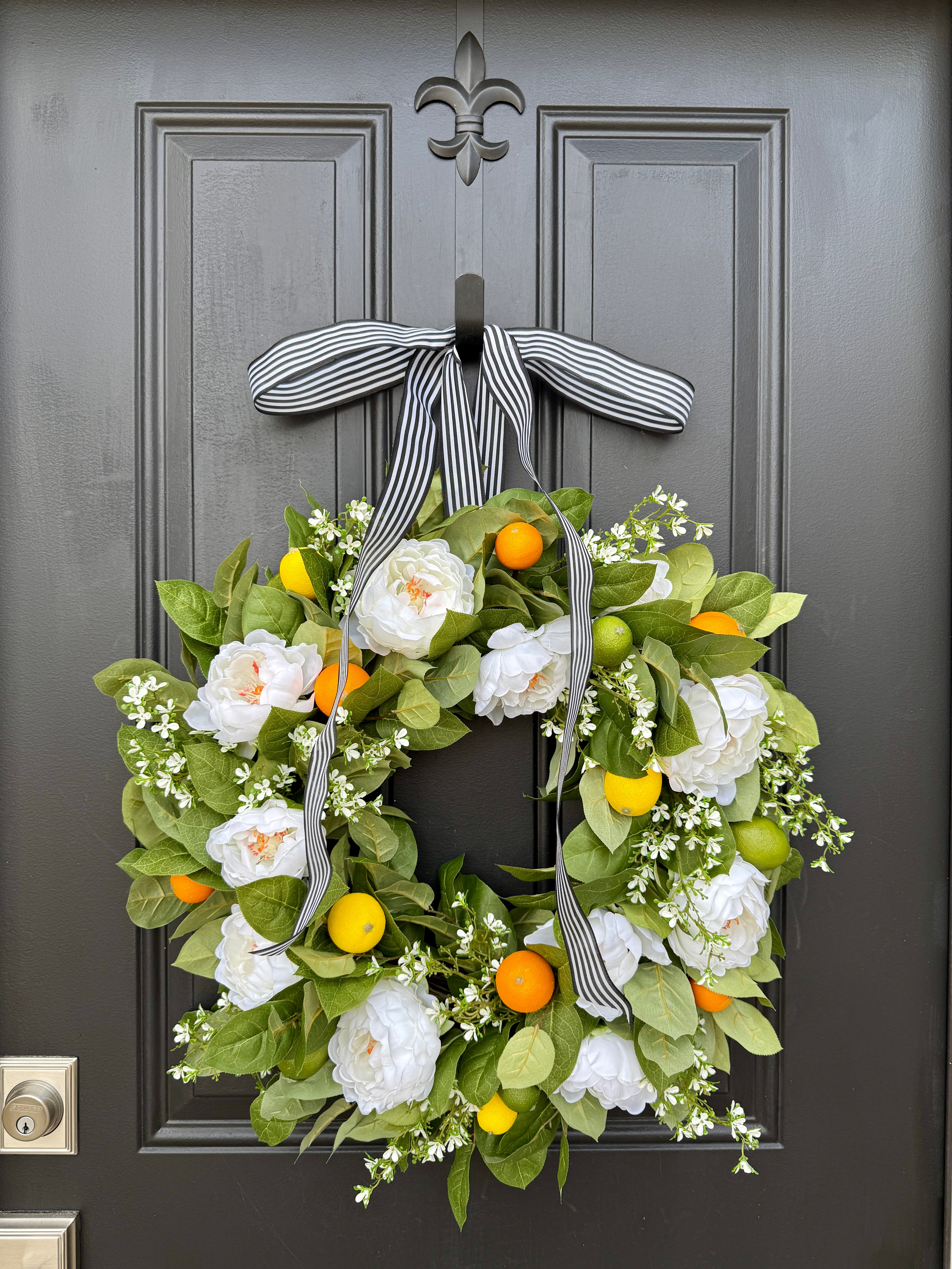 White Peony Citrus Wreath with Lemons & Oranges – Summer Front Door Wreath with Black Stripe Bow