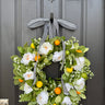 White Peony Citrus Wreath with Lemons & Oranges – Summer Front Door Wreath with Black Stripe Bow - TwoInspireYou