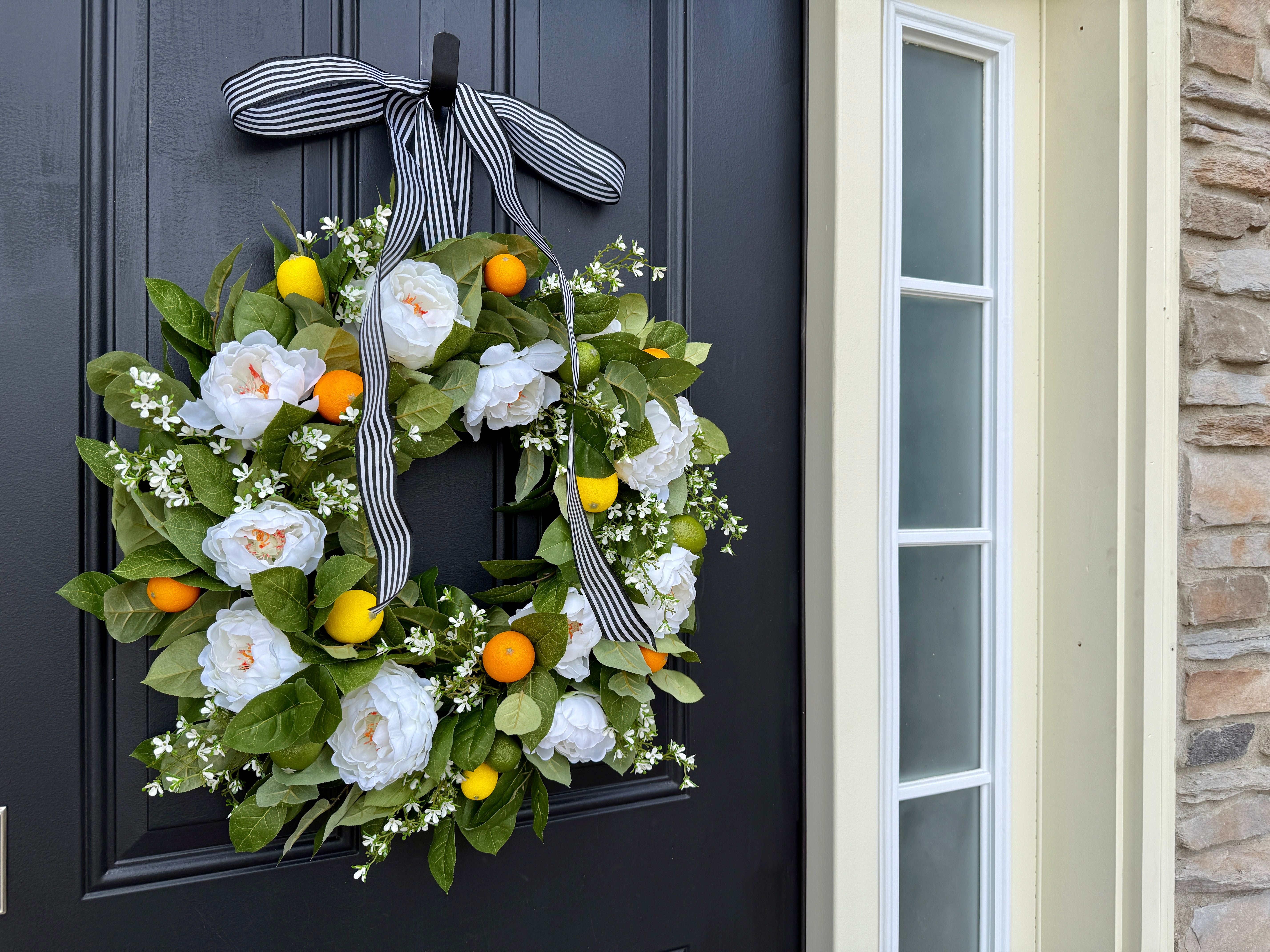 White Peony Citrus Wreath with Lemons & Oranges – Summer Front Door Wreath with Black Stripe Bow