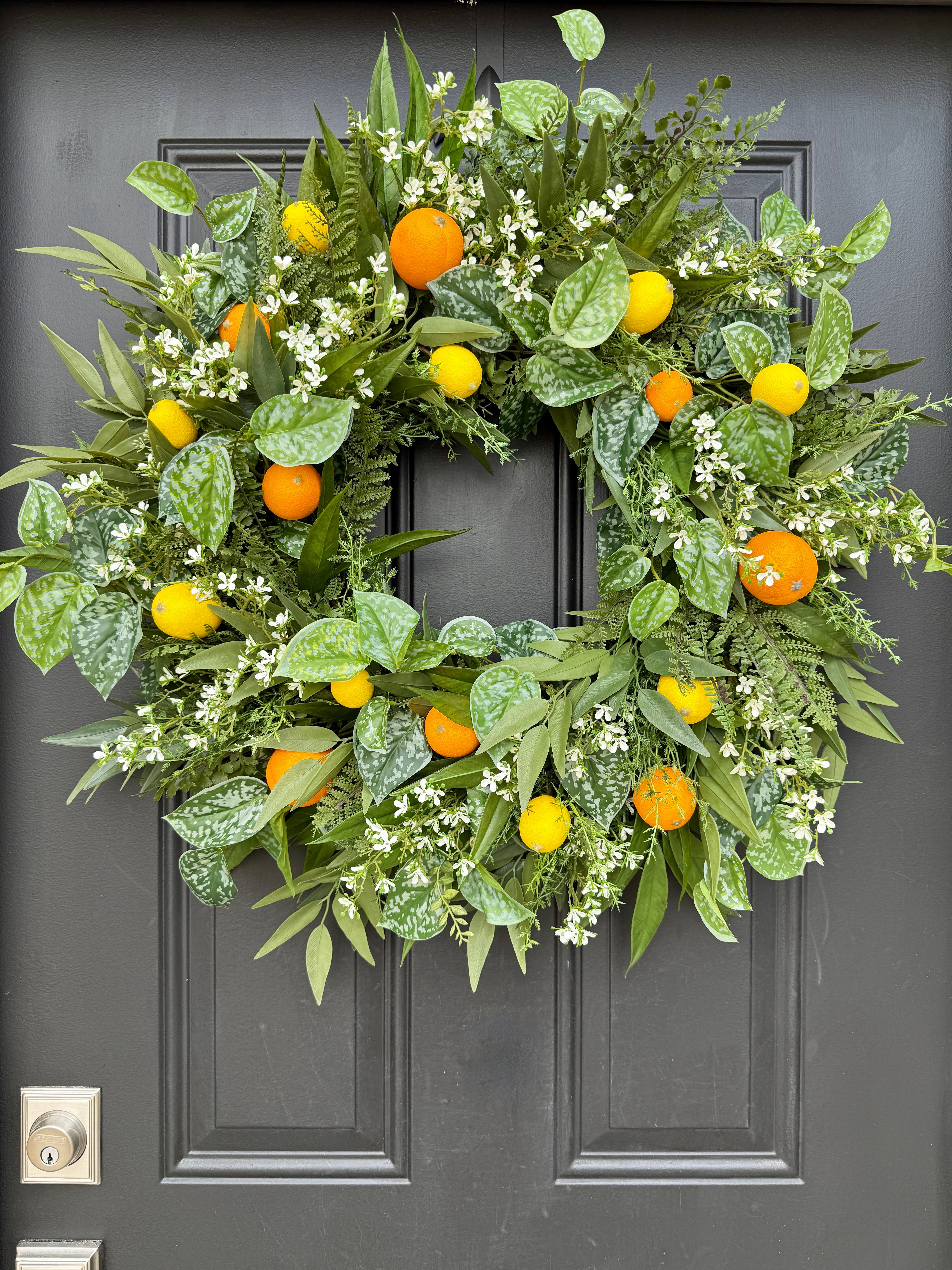 Artificial Citrus Wreath with Oranges & Lemons – Summer Door Wreath with Greenery & Blossoms