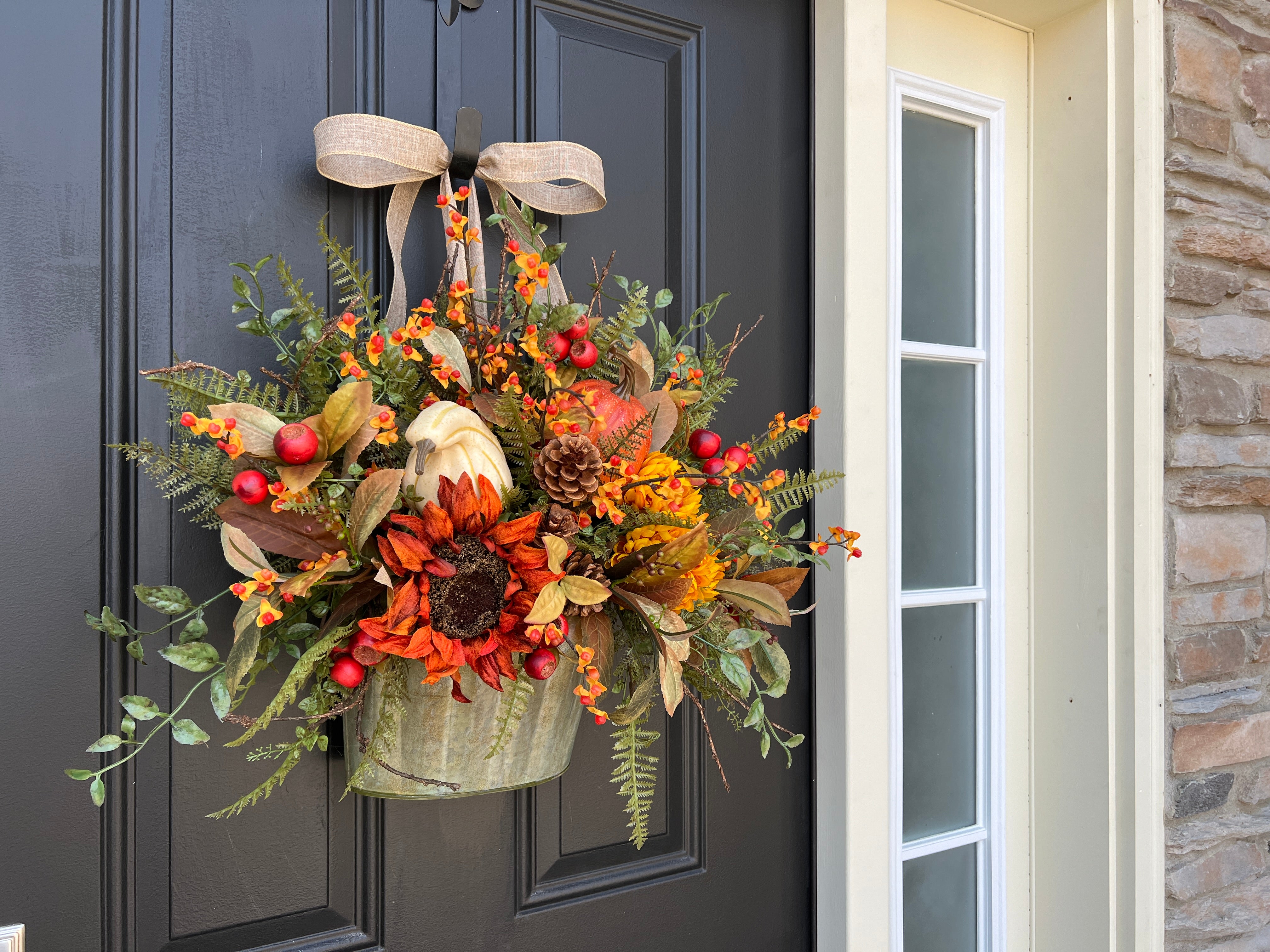 Season's Harvest Bounty Bucket Wreath with Pumpkins, Gourds, Pinecones and Bittersweet