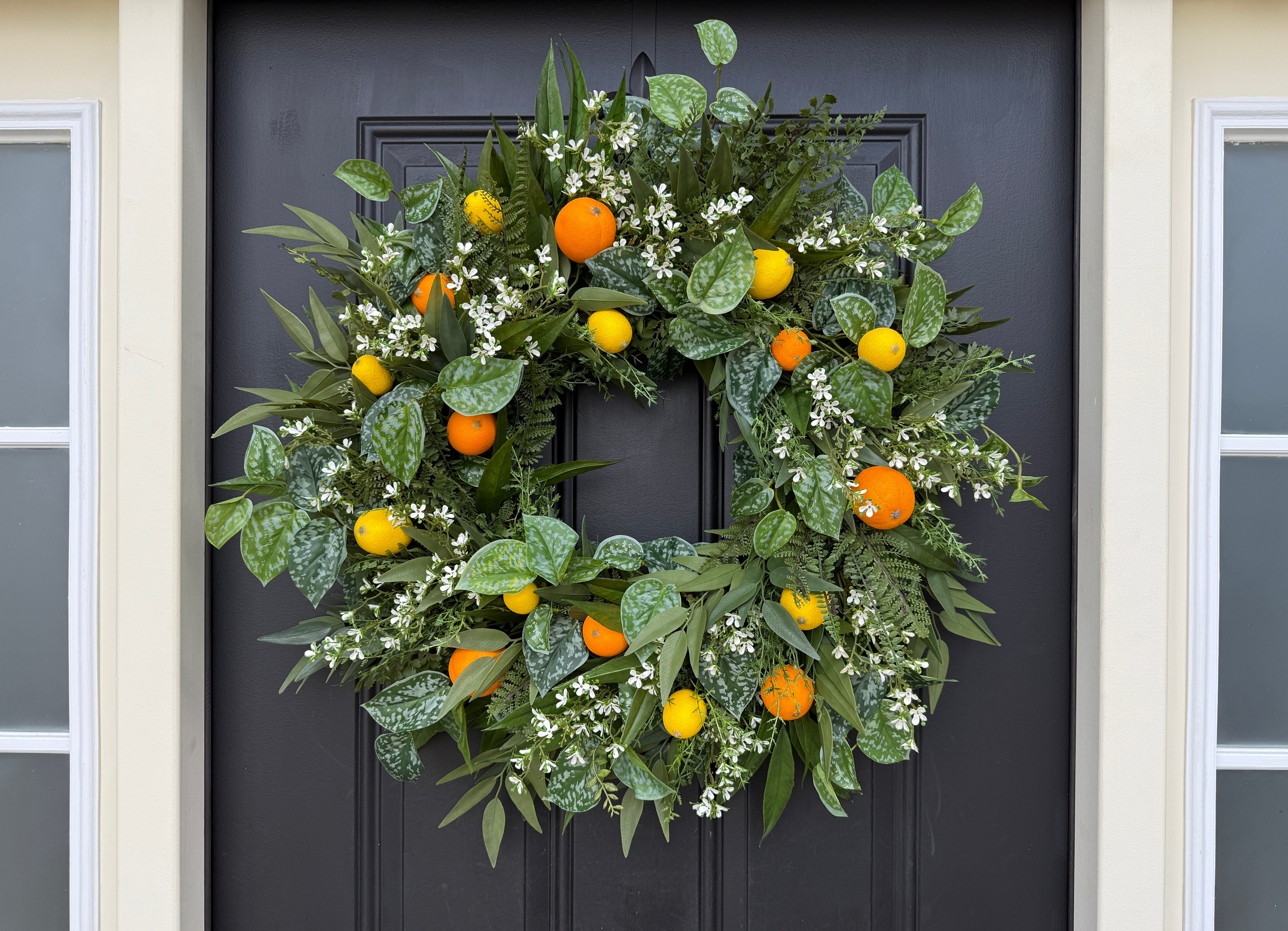 Artificial Citrus Wreath with Oranges & Lemons – Summer Door Wreath with Greenery & Blossoms