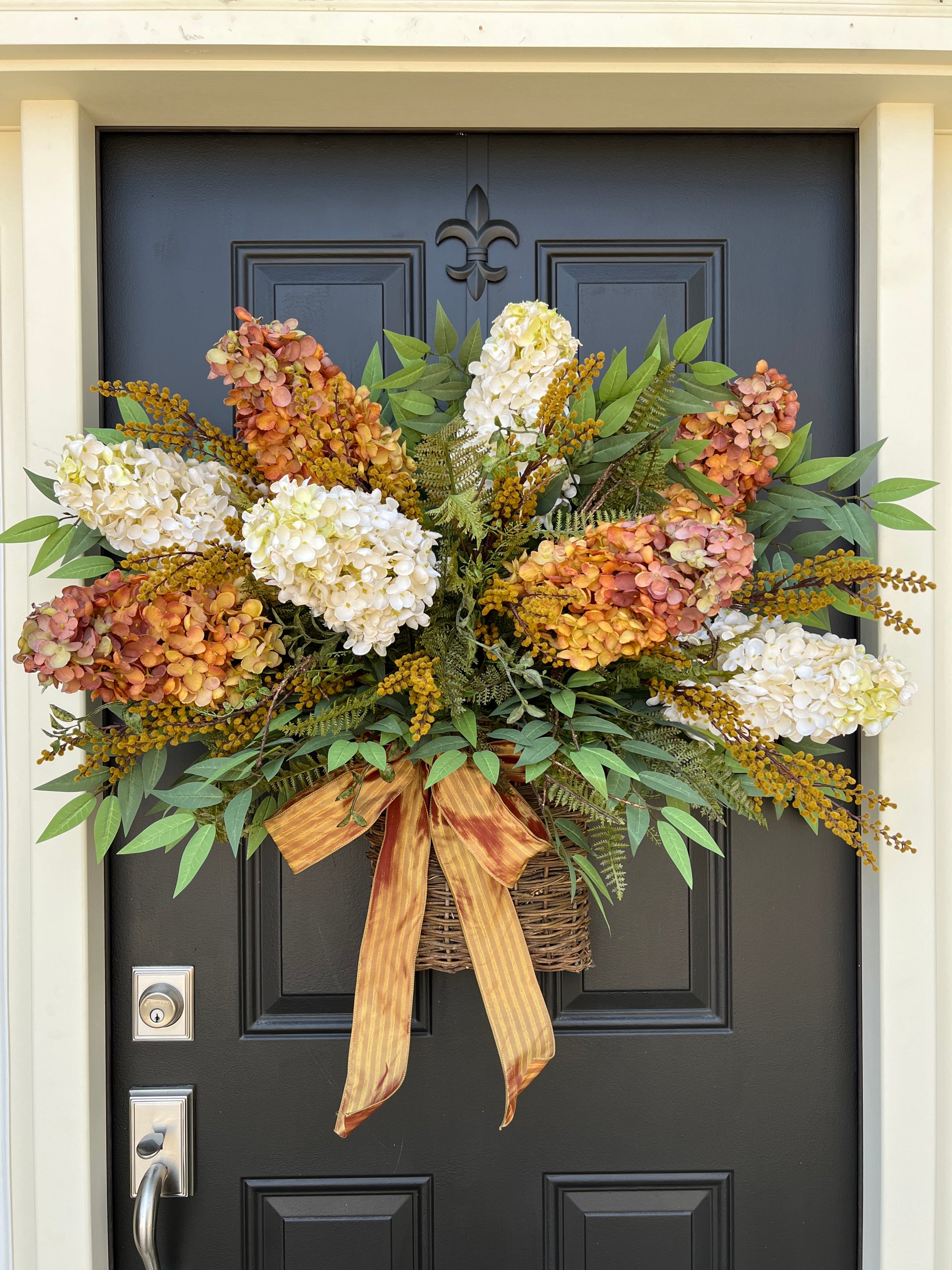 Fall Hydrangea Cones and Foliage Basket Wreath