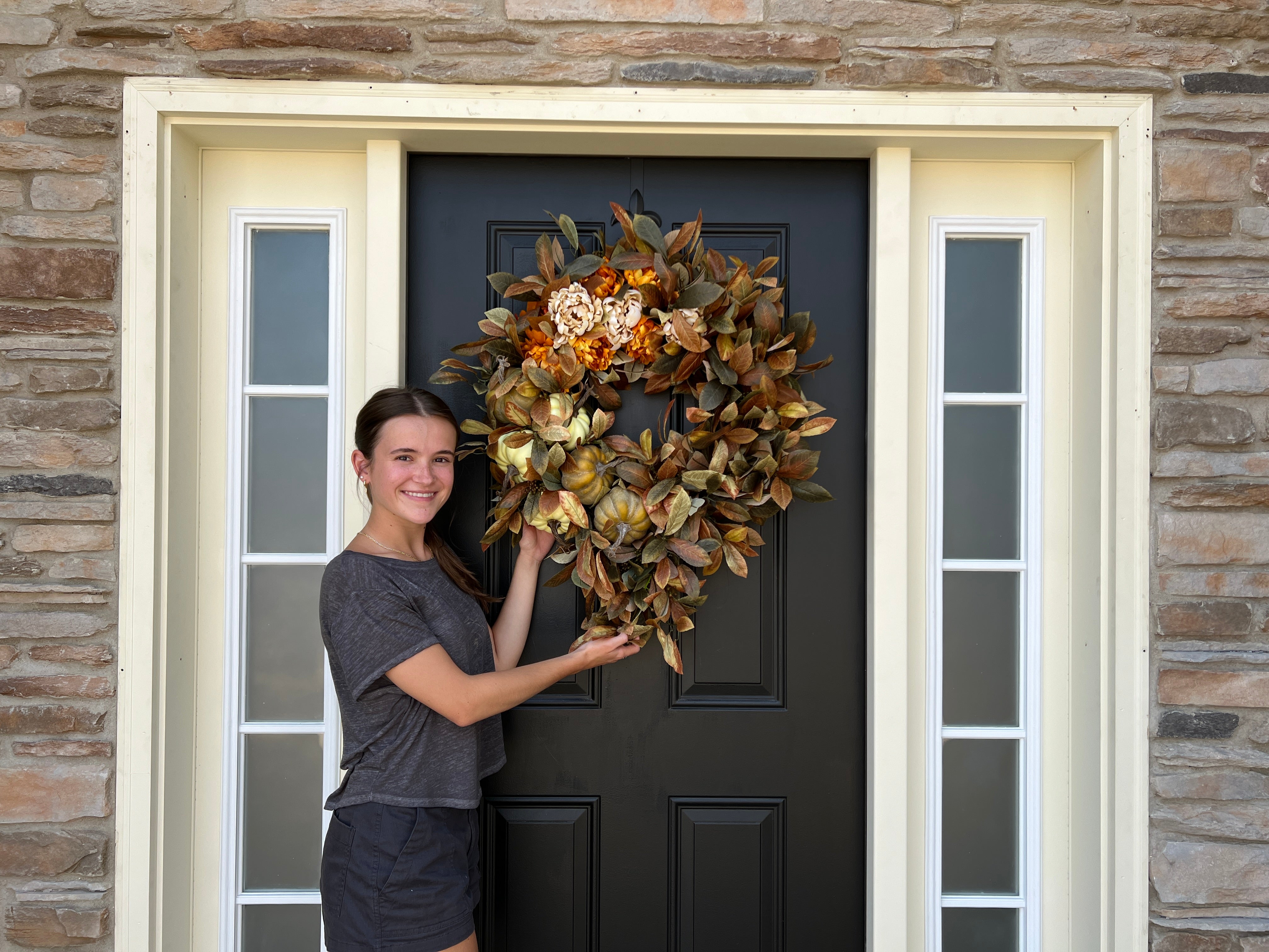 Autumn Cascading Foliage Wreath with Pumpkins and Fall Flowers