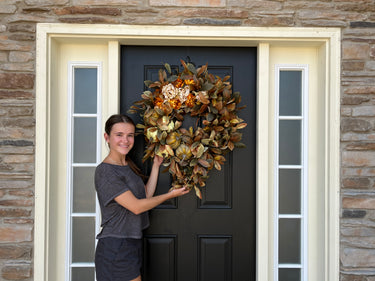 Autumn Cascading Foliage Wreath with Pumpkins and Fall Flowers - TwoInspireYou