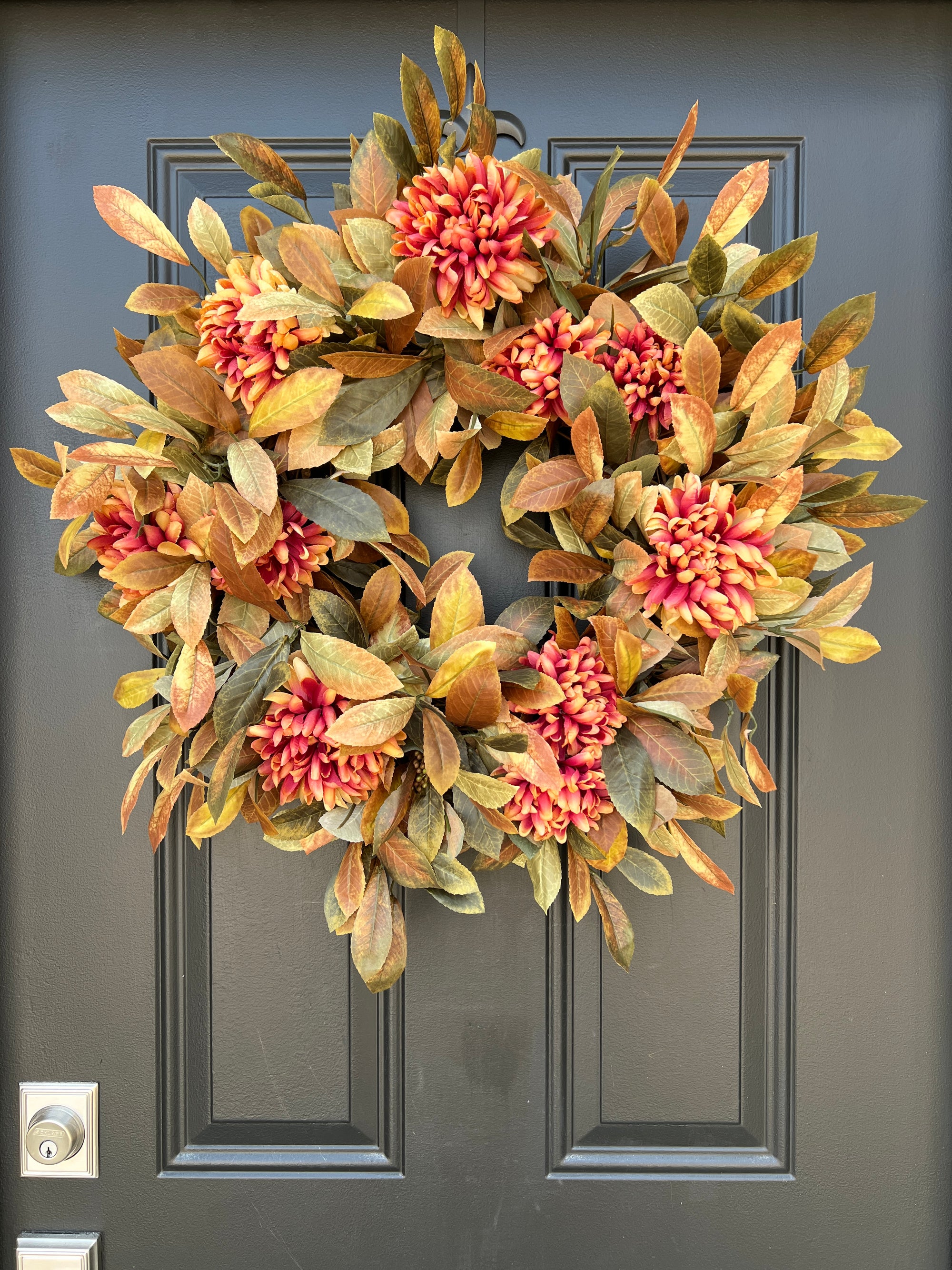 Fall Foliage Wreath with Blooming Mums