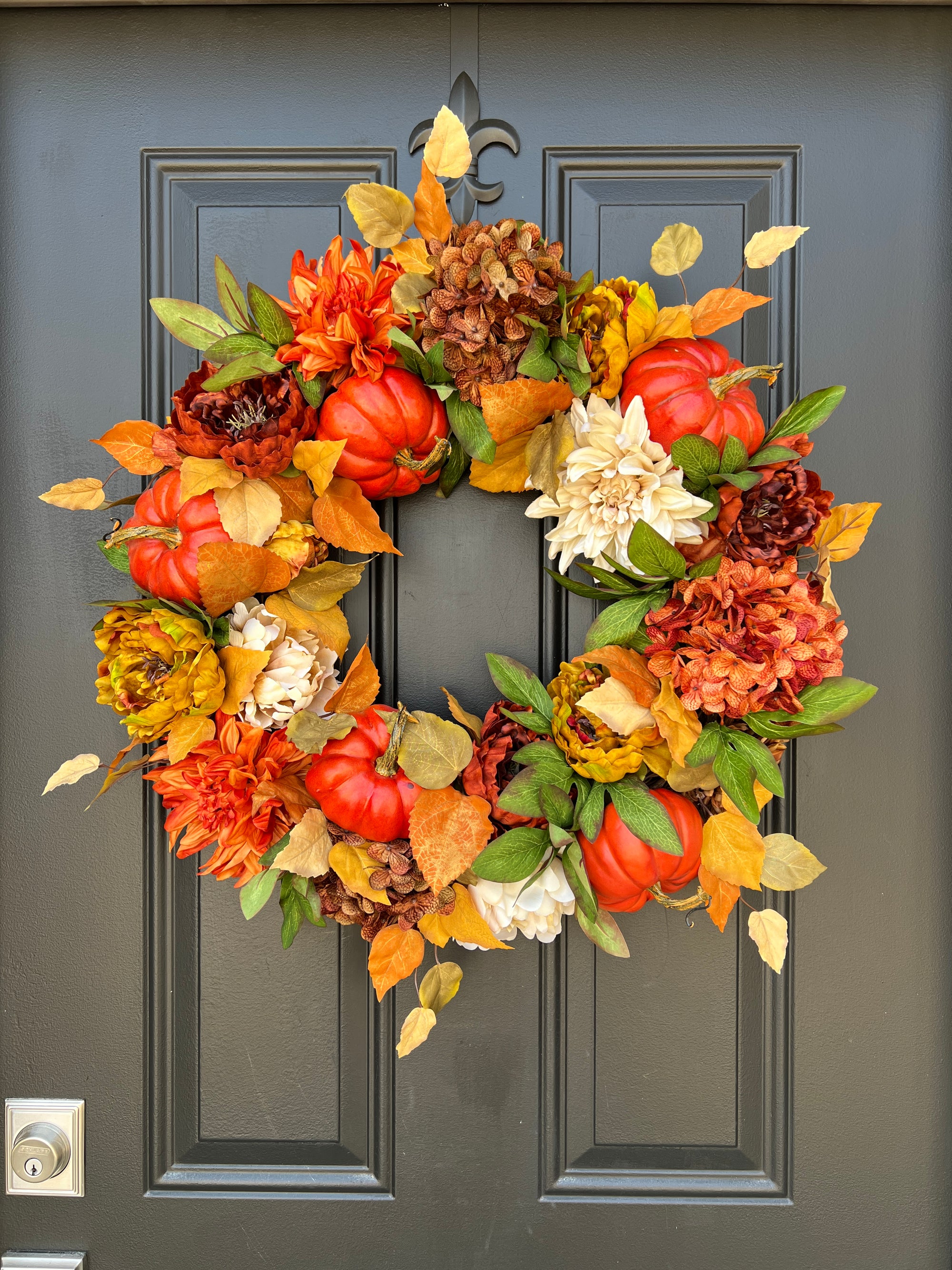 Autumn Sunset Wreath with Fall Flowers and Pumpkins