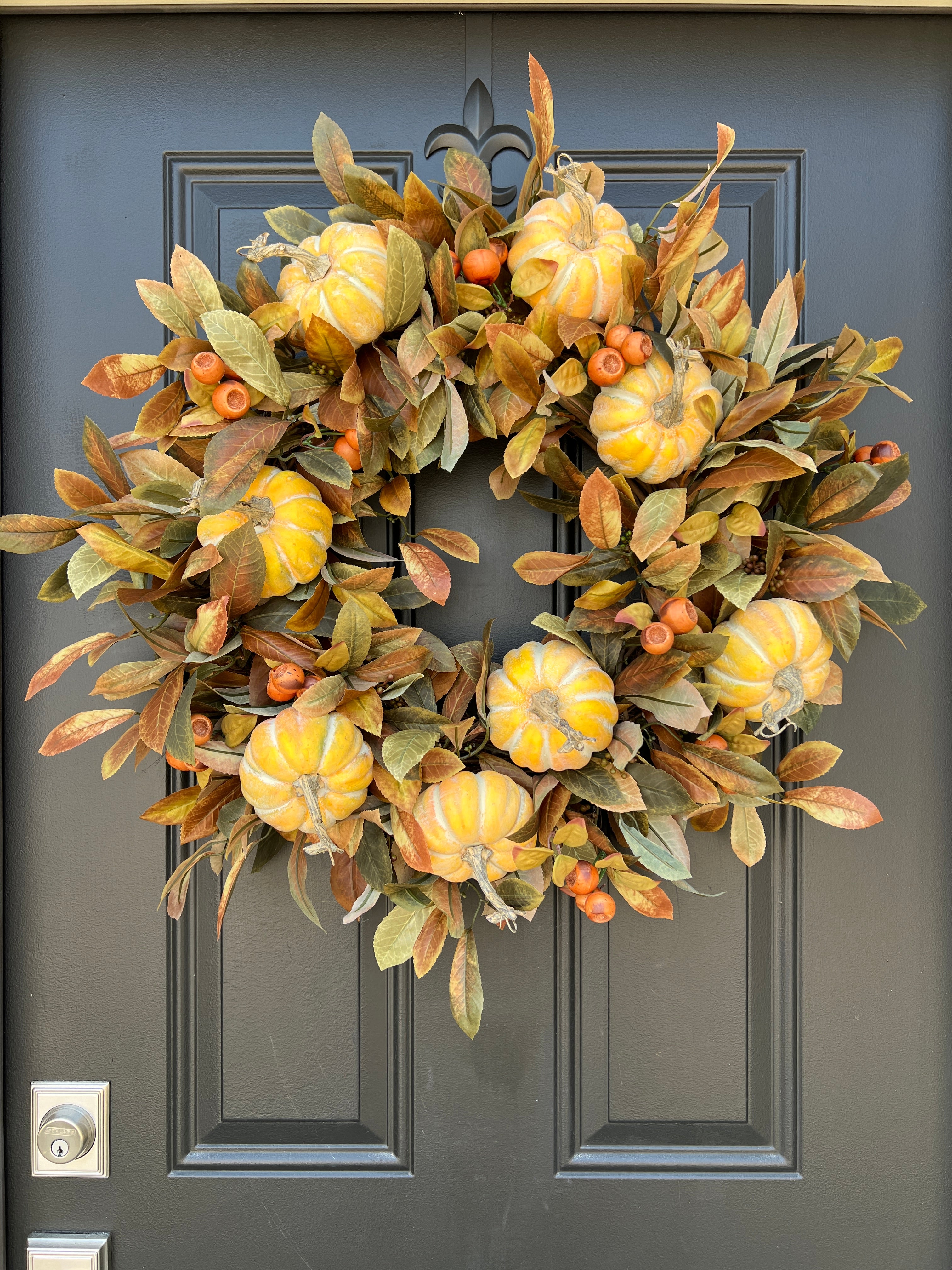 Classic Fall Foliage Wreath with Pumpkins and Fall Pods