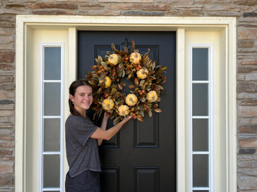 Classic Fall Foliage Wreath with Pumpkins and Fall Pods - TwoInspireYou