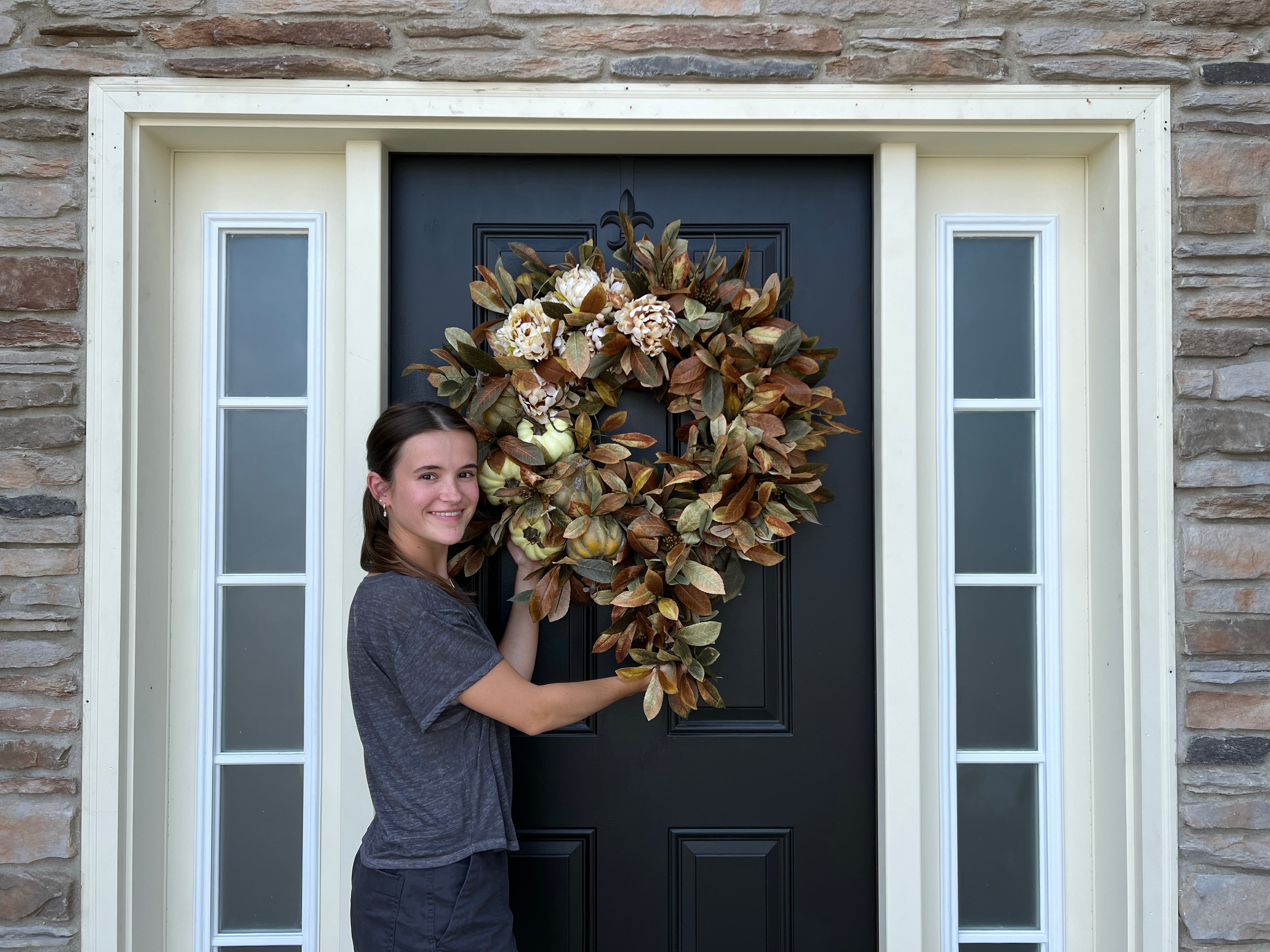 Rustic Autumn Teardrop Wreath with Pumpkins and Flowers