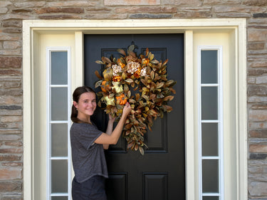 Seasonal Cascading Wreath with Orange, Cream, and Green Pumpkins - TwoInspireYou