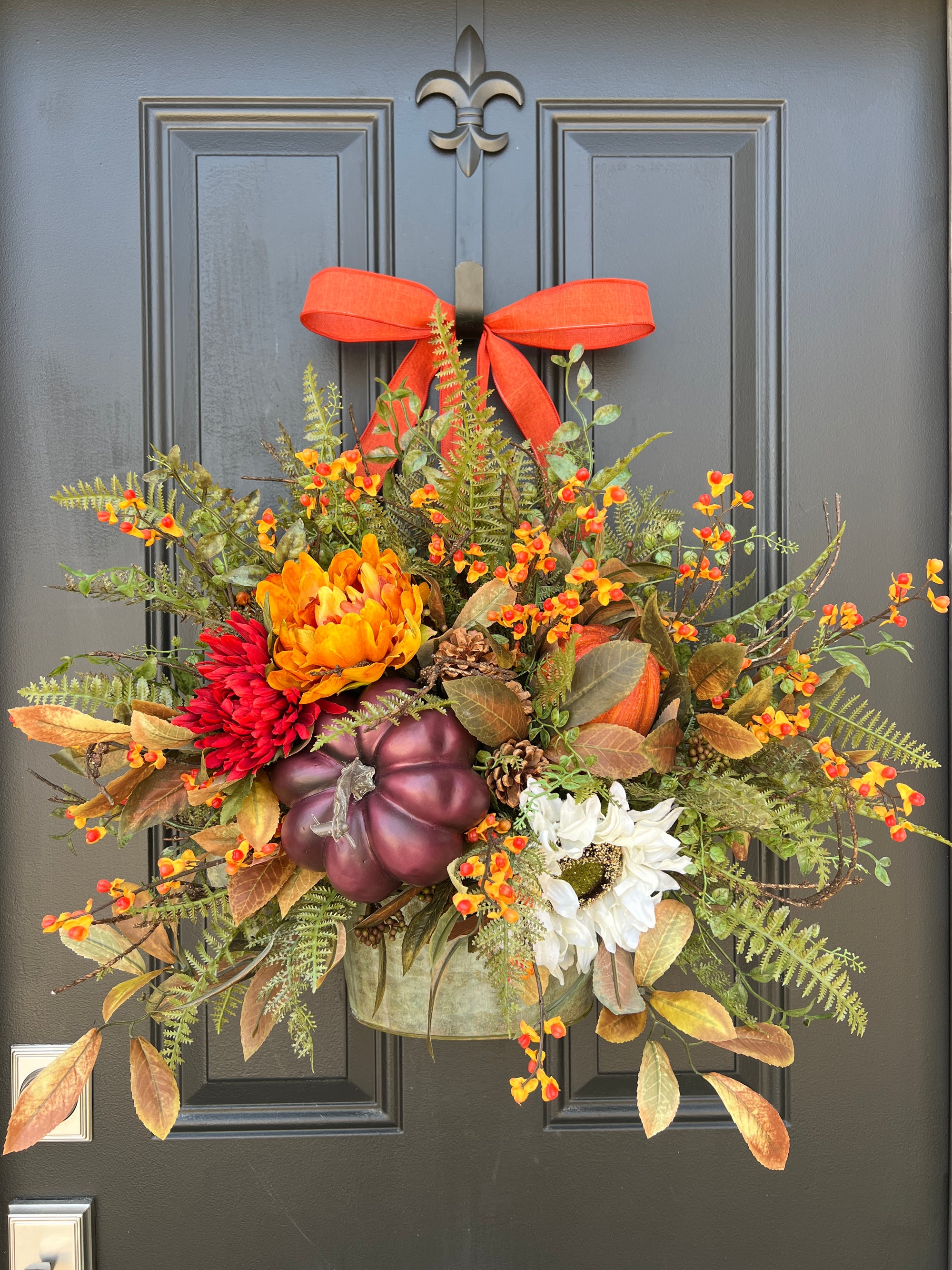Fall Gatherings Bucket Wreath, Front Door Decorative Fall Arrangement
