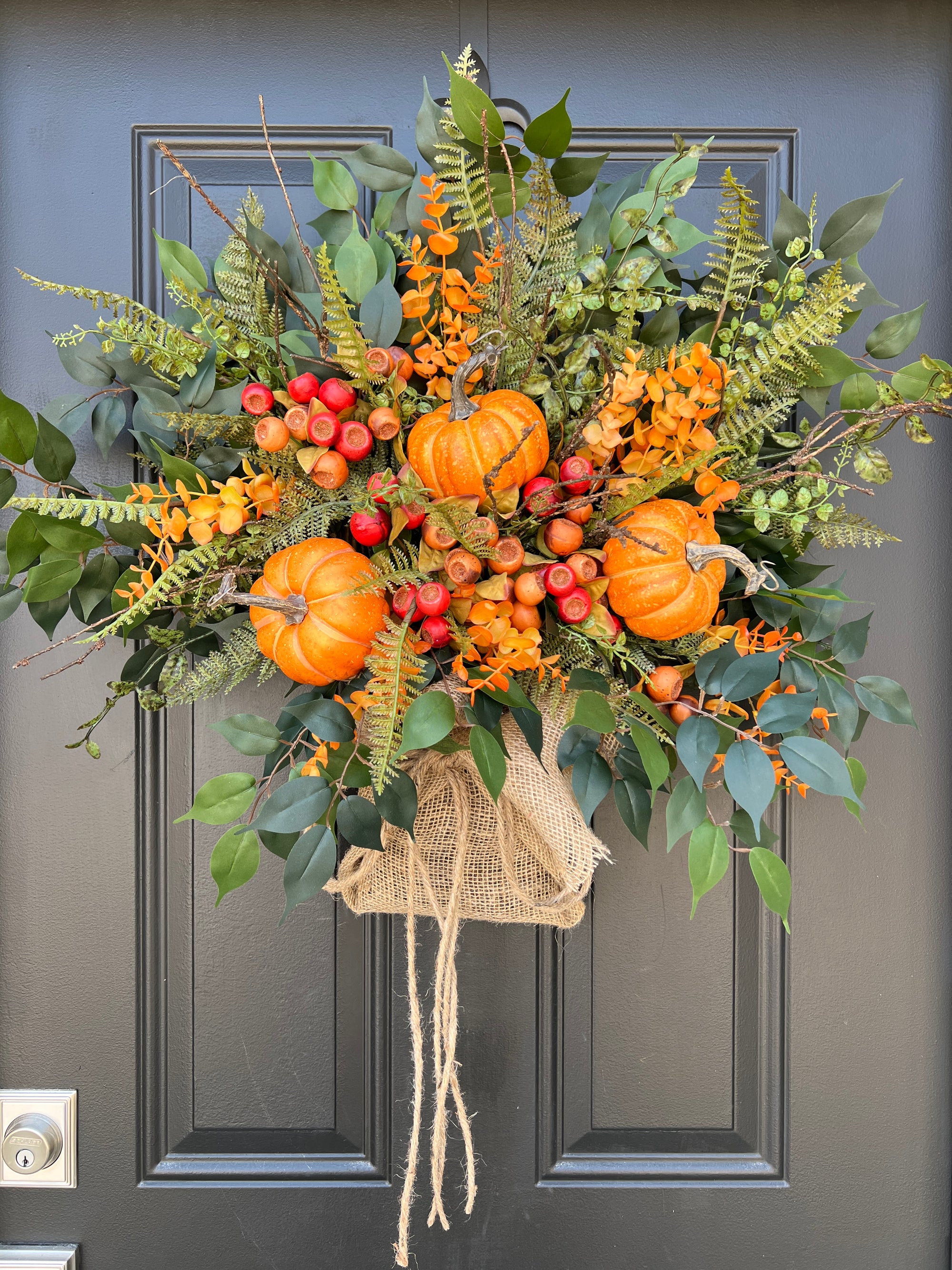 Fall Gatherings Basket with Burlap Wrap, Natural Twig Basket with Faux Autumn Arrangement