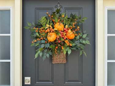 Orange Pumpkin and Berry Basket Wreath