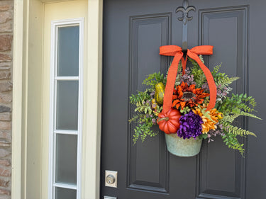 Pumpkin and Purple Floral Bucket Wreath