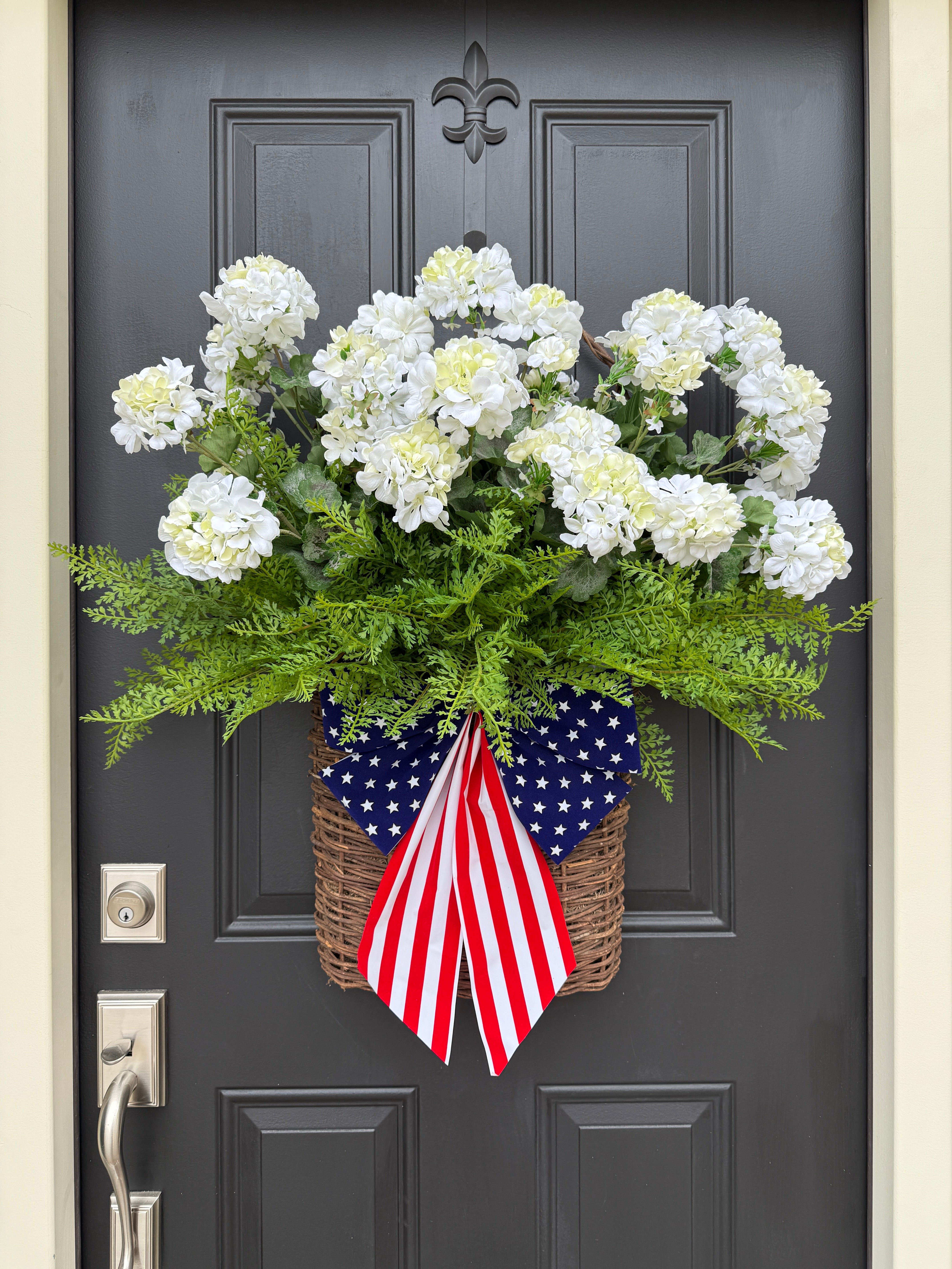 Patriotic White Geranium & Fern Door Basket | USA Flag Decor