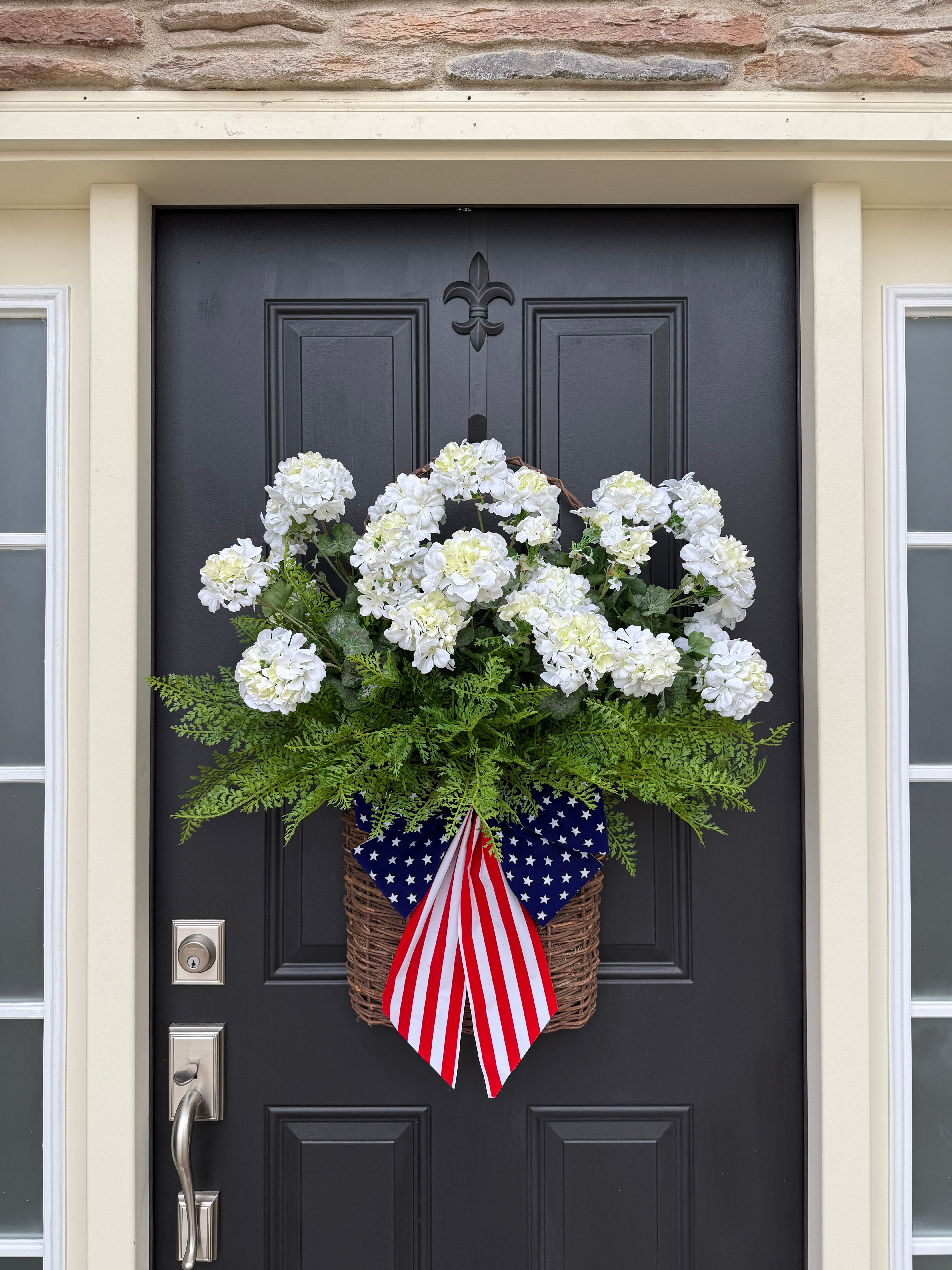 Patriotic White Geranium & Fern Door Basket | USA Flag Decor