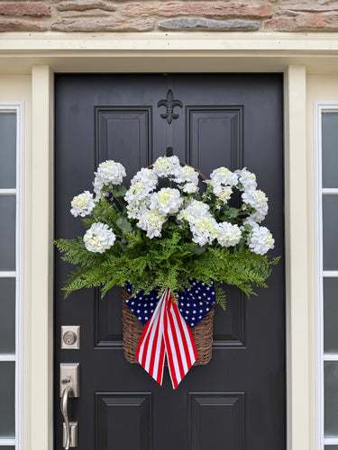 Patriotic White Geranium & Fern Door Basket | USA Flag Decor - TwoInspireYou