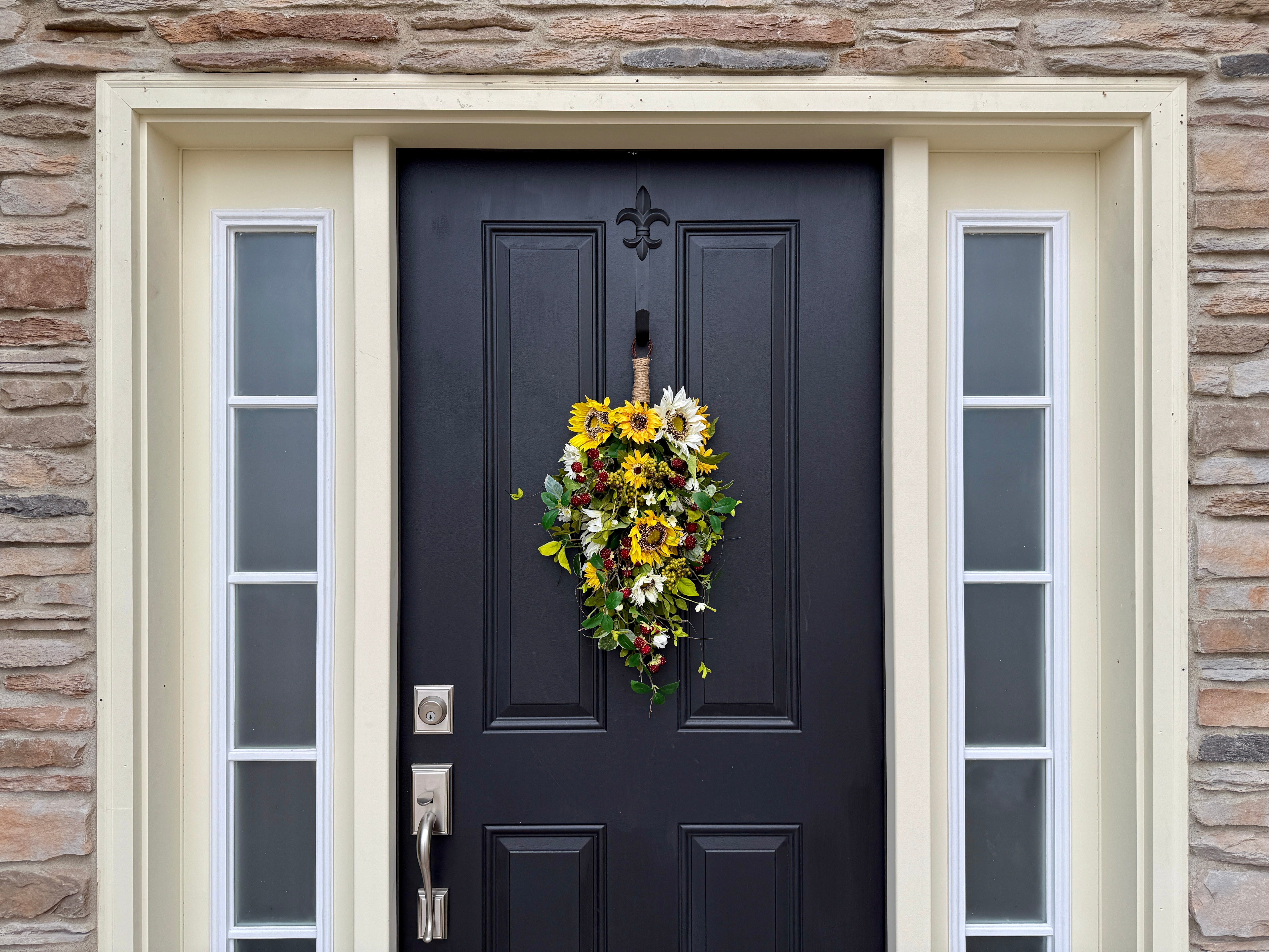 Sunflower Teardrop Wreath with  Raspberries – Handmade Summer Door Swag by Twoinspireyou