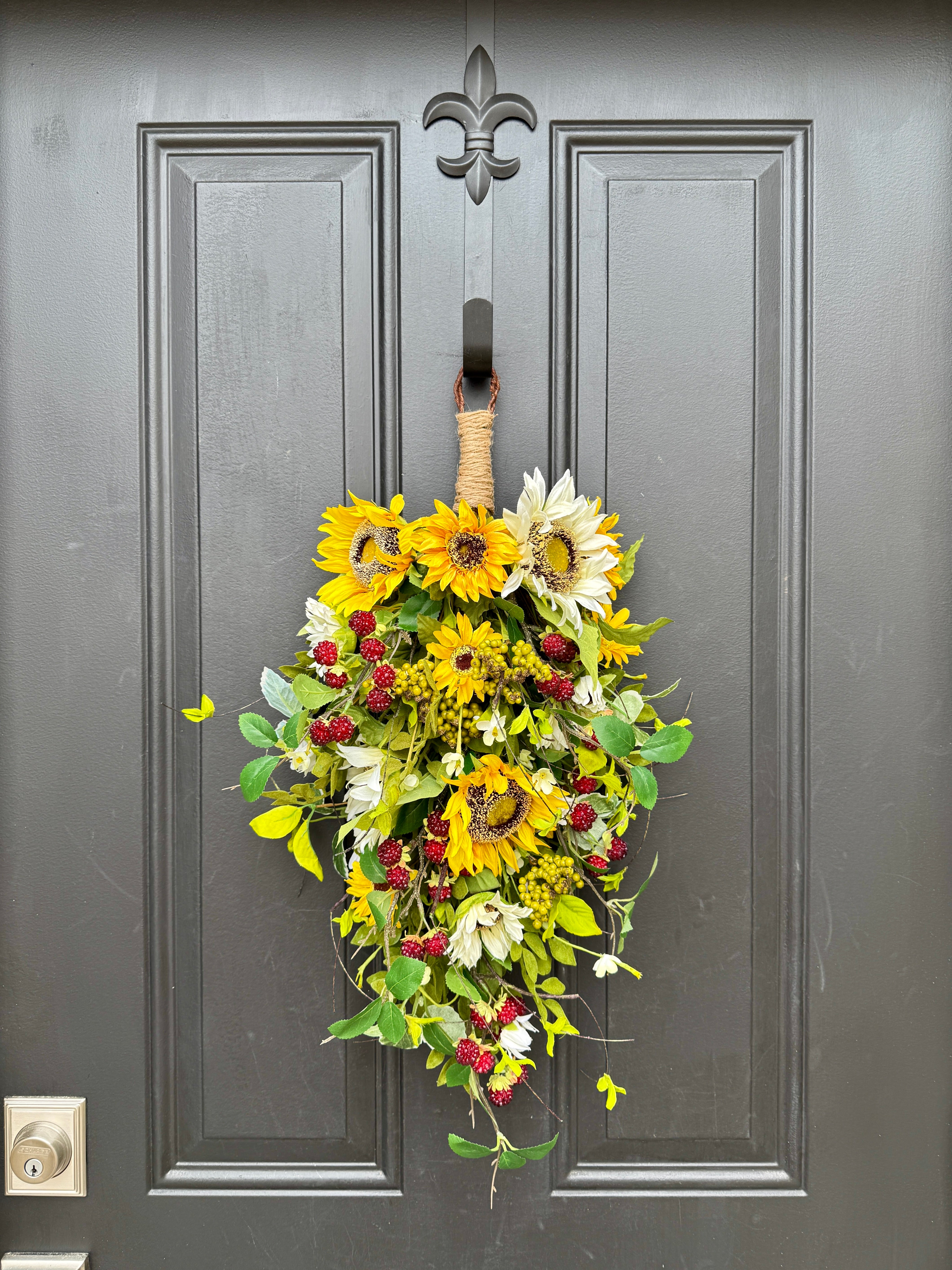 Sunflower Teardrop Wreath with  Raspberries – Handmade Summer Door Swag by Twoinspireyou