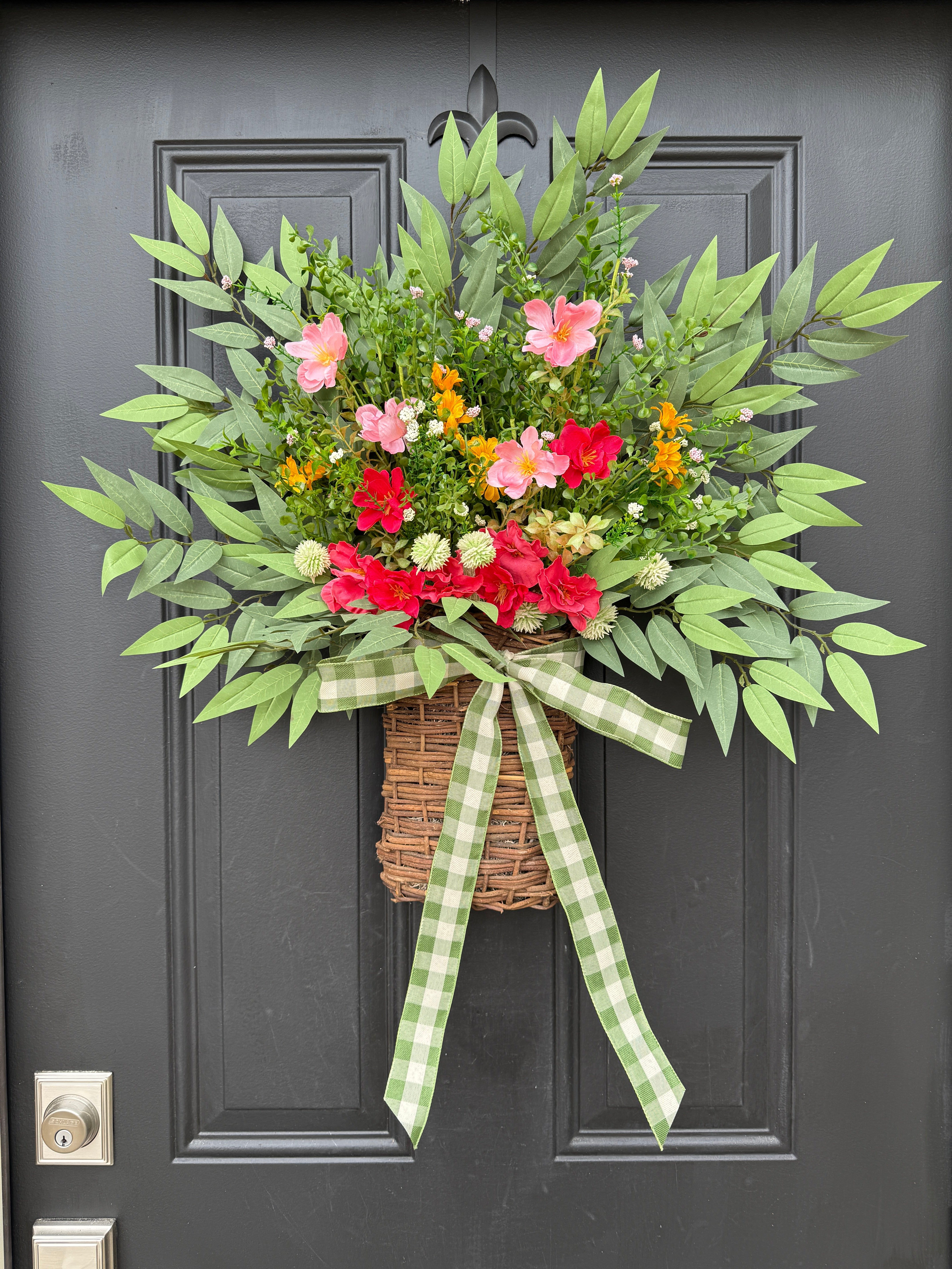 Handcrafted Summer Twig Basket with Faux Wildflowers – Front Door Floral Arrangement by Twoinspireyou