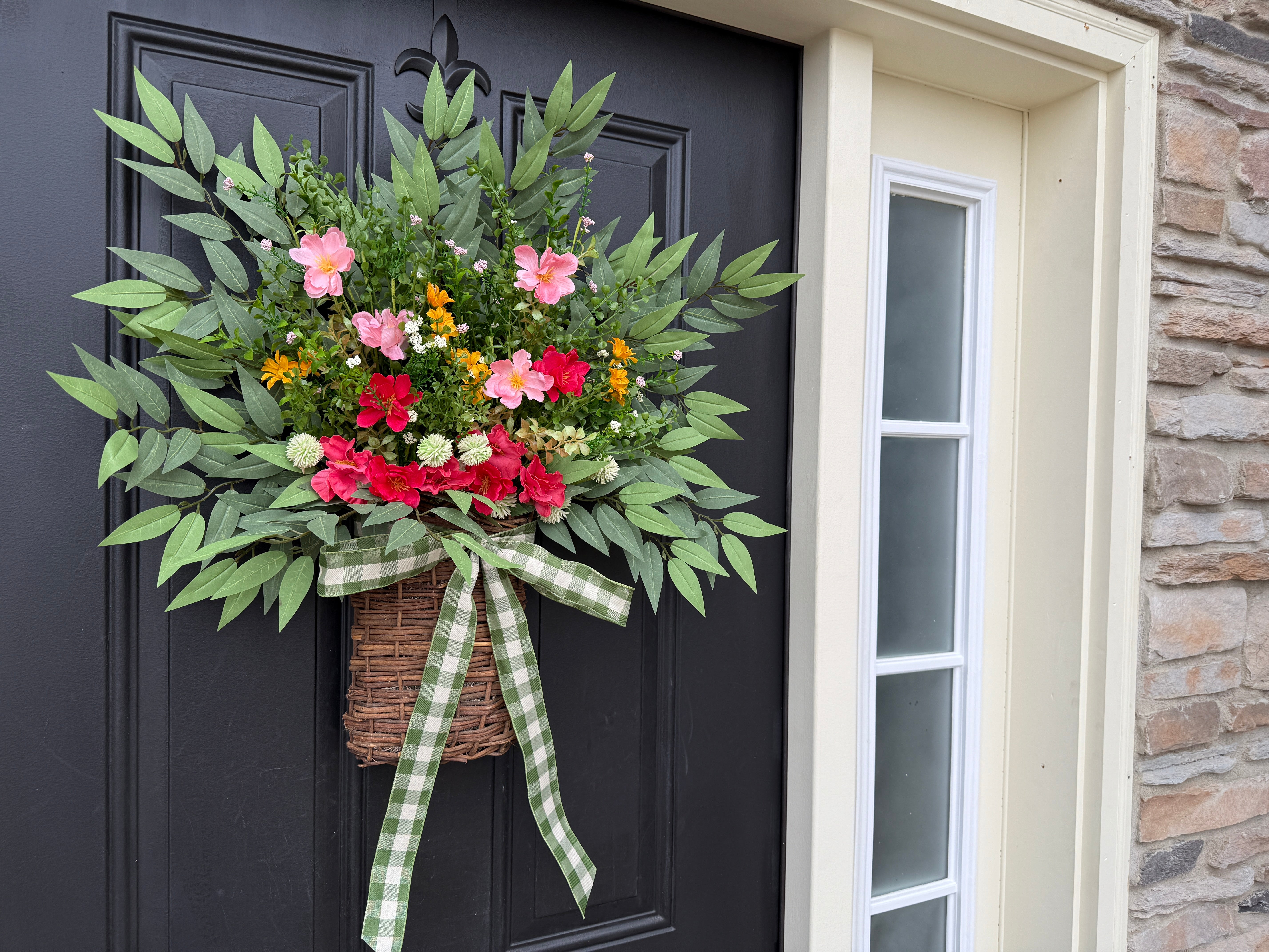 Handcrafted Summer Twig Basket with Faux Wildflowers – Front Door Floral Arrangement by Twoinspireyou