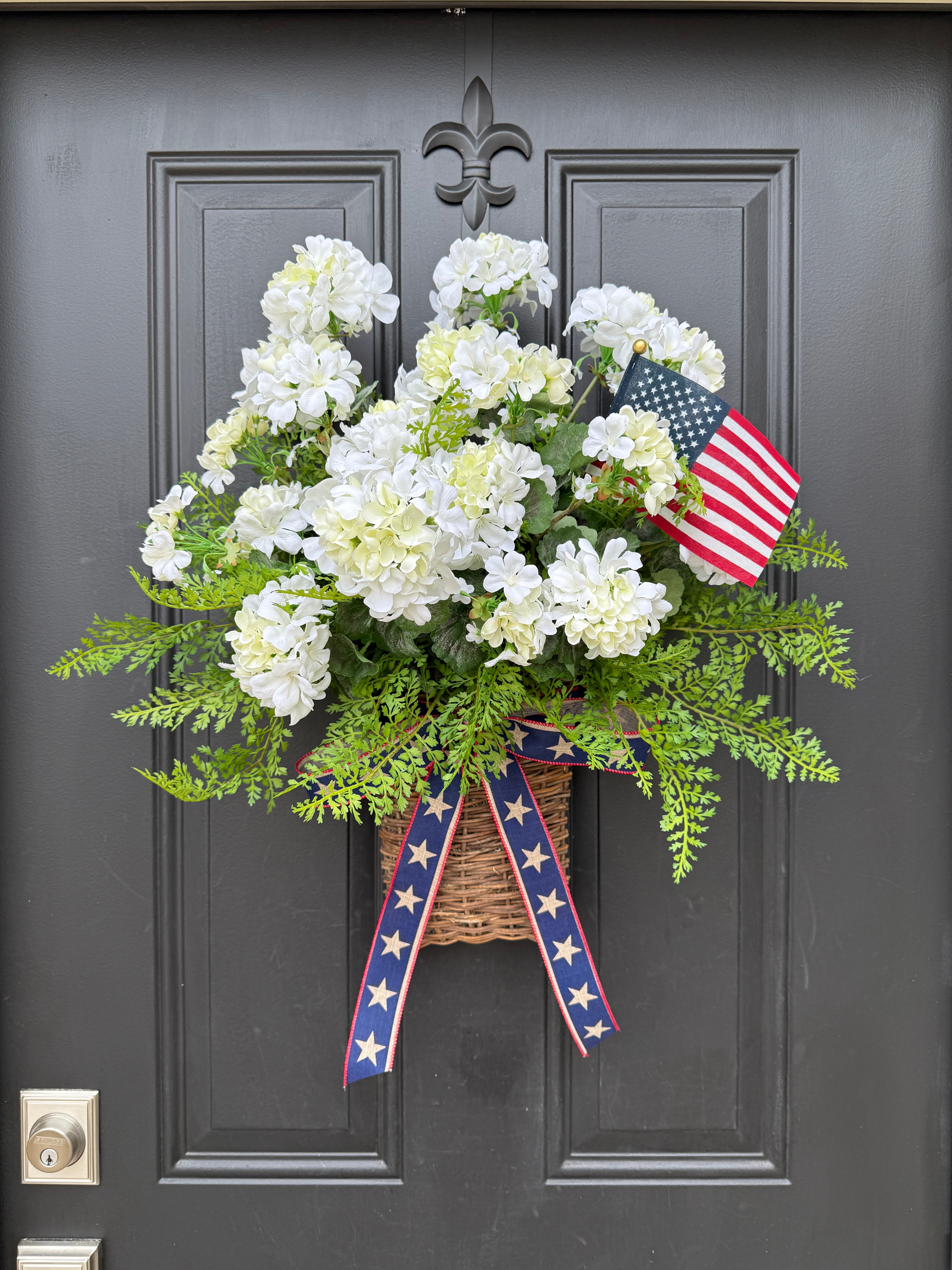 White Geranium and Fern Patriotic Door Basket Wreath – 4th of July Summer Décor