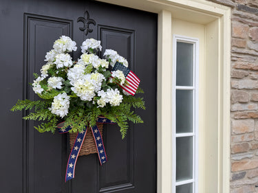 White Geranium and Fern Patriotic Door Basket Wreath – 4th of July Summer Décor - TwoInspireYou