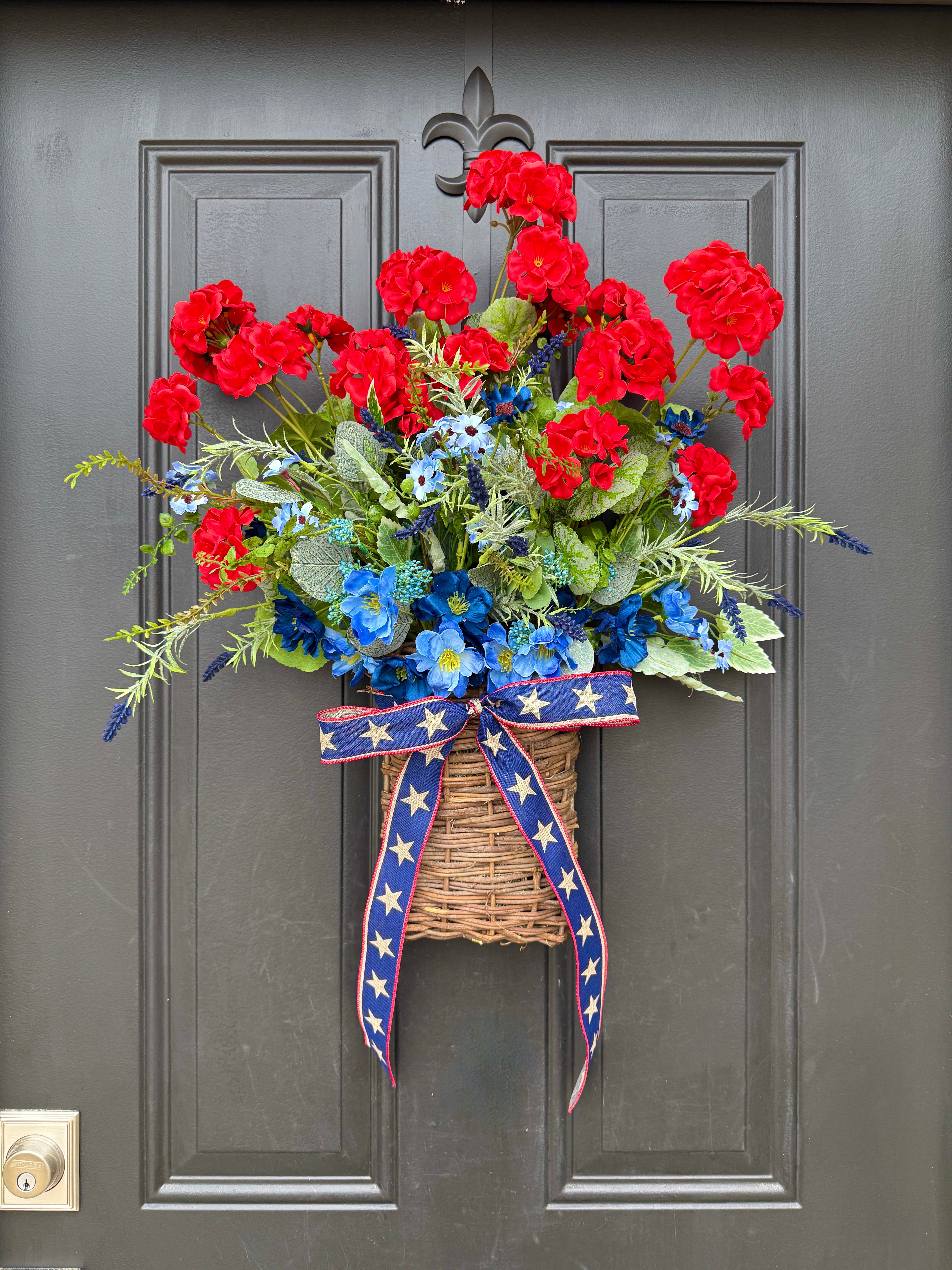 Patriotic Red Geranium and Blue Wildflower Door Basket Wreath – 4th of July Summer Front Door Décor
