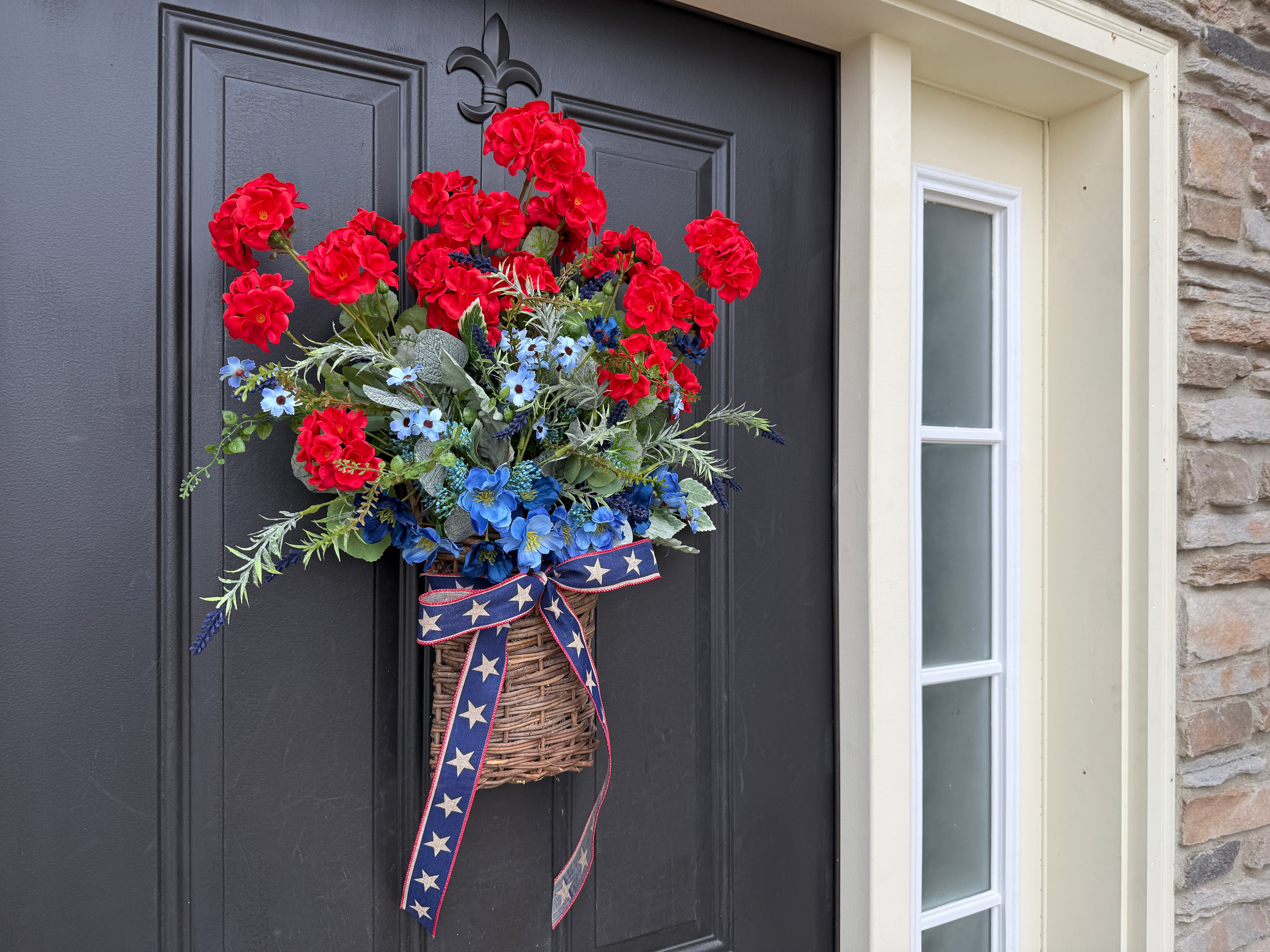 Patriotic Red Geranium and Blue Wildflower Door Basket Wreath – 4th of July Summer Front Door Décor