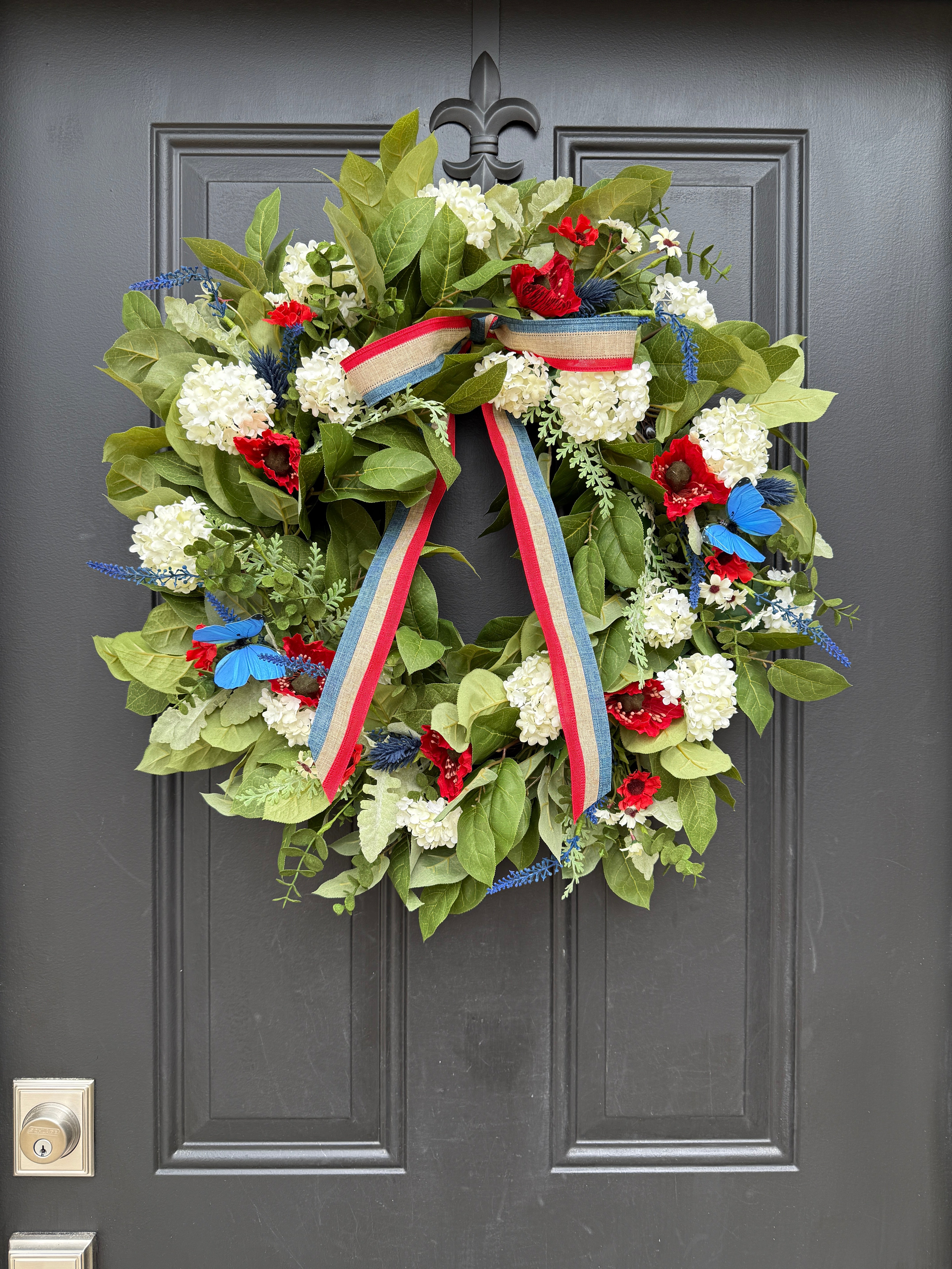 Americana Wreath with Red White & Blue Florals and Butterfly Accents – Patriotic Front Door Wreath by Twoinspireyou