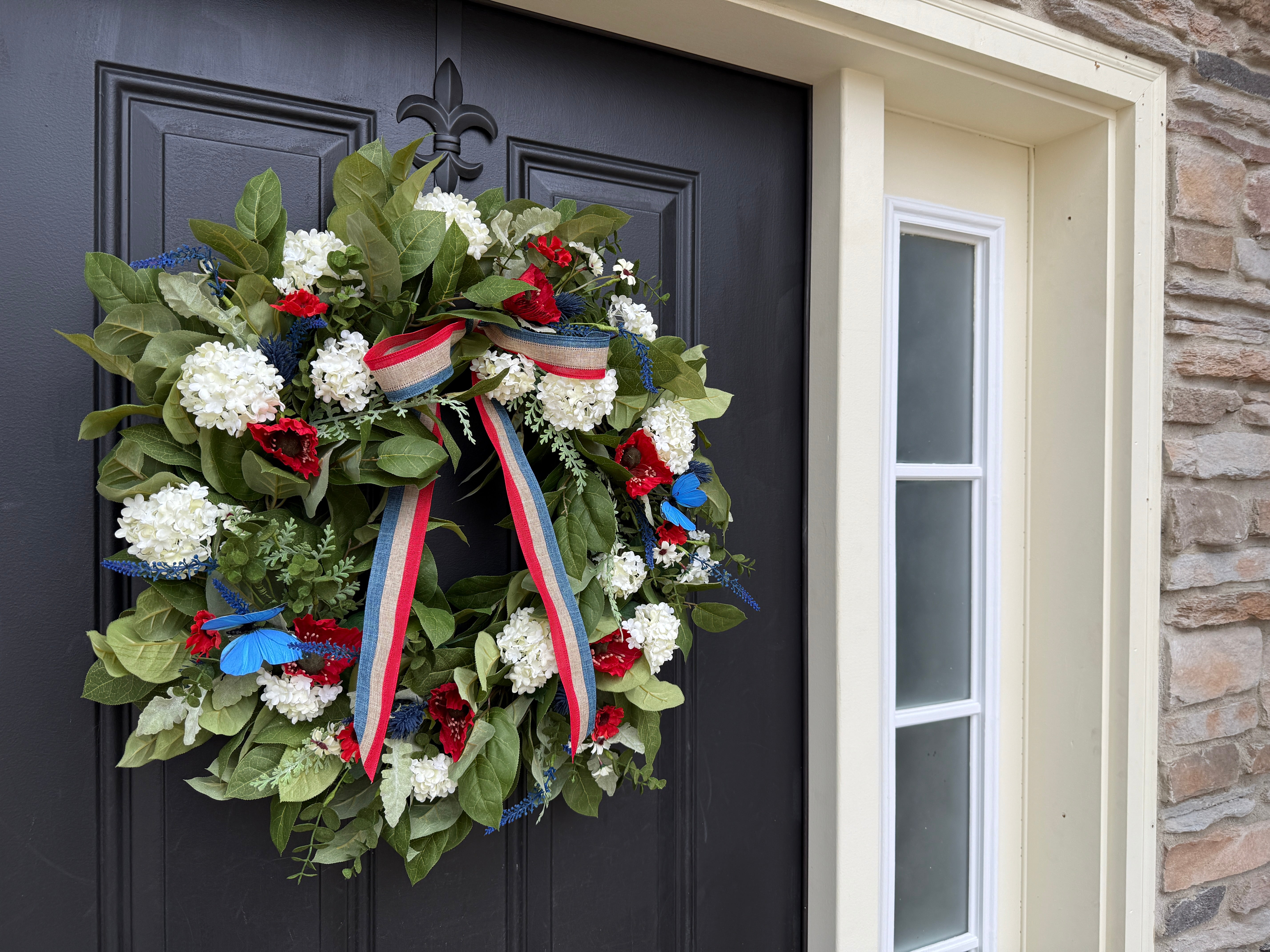 Americana Wreath with Red White & Blue Florals and Butterfly Accents – Patriotic Front Door Wreath by Twoinspireyou