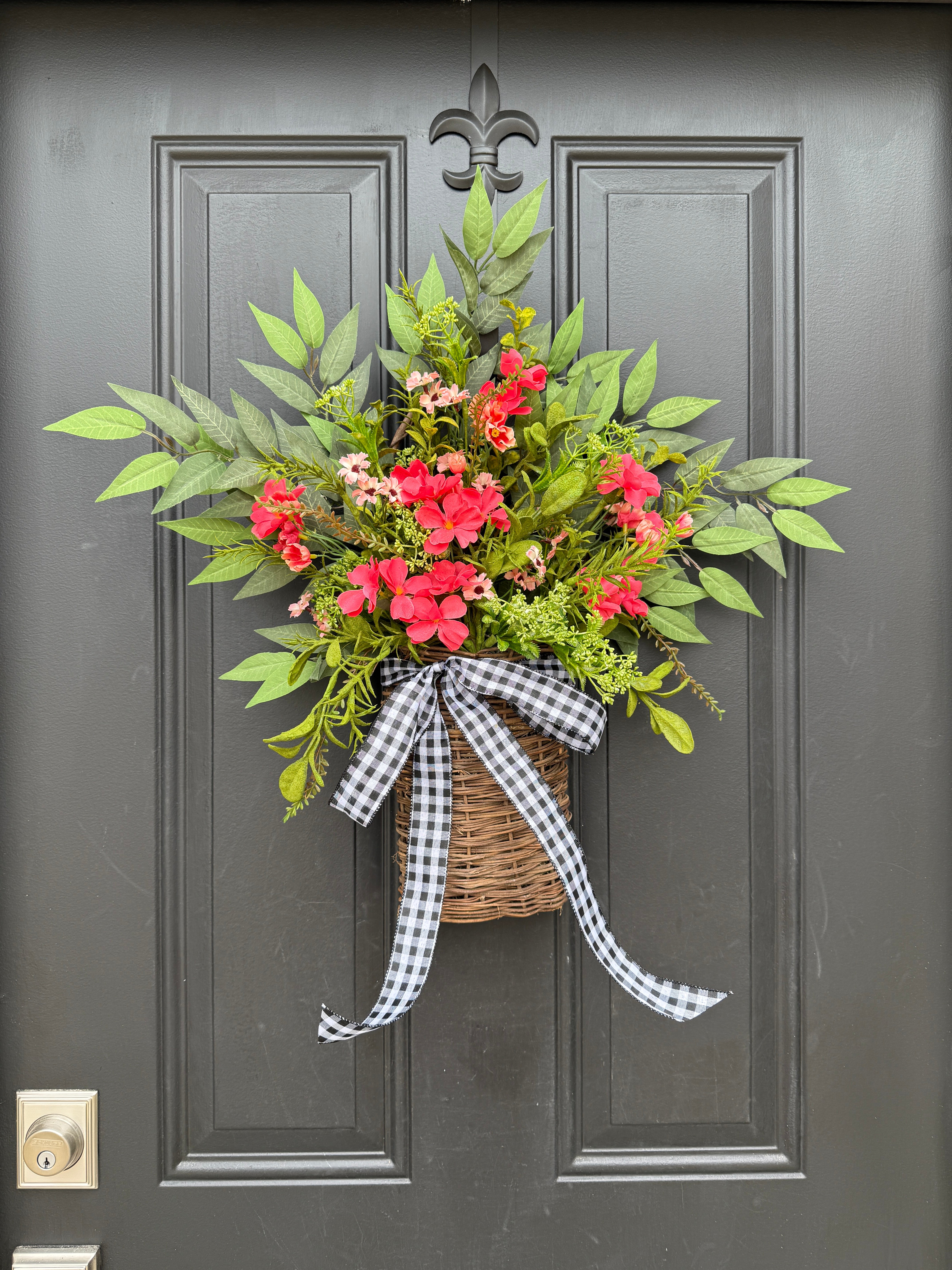 Pink Floral Twig Basket with Gingham Bow – Summer Door Decor by Twoinspireyou
