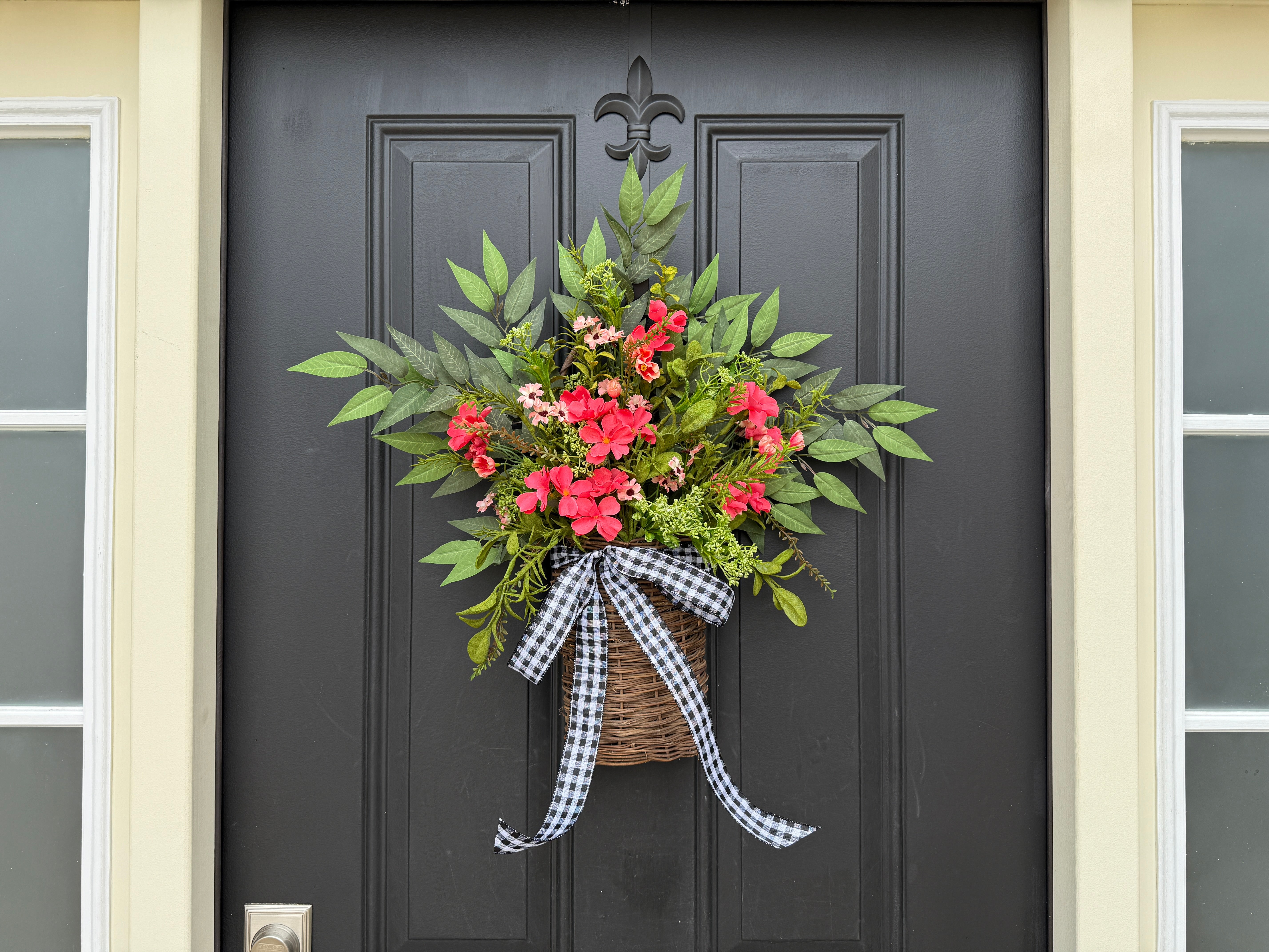 Pink Floral Twig Basket with Gingham Bow – Summer Door Decor by Twoinspireyou