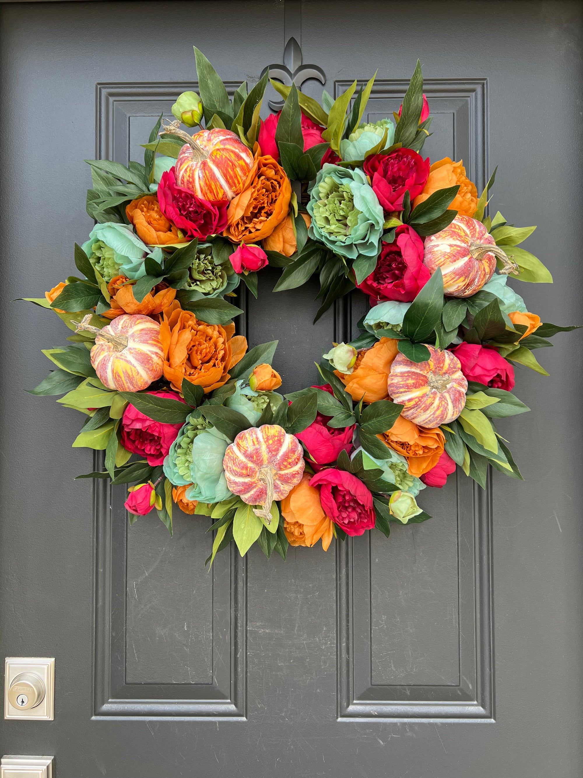 Colors of Autumn Wreath with Pumpkins, Ready to Ship