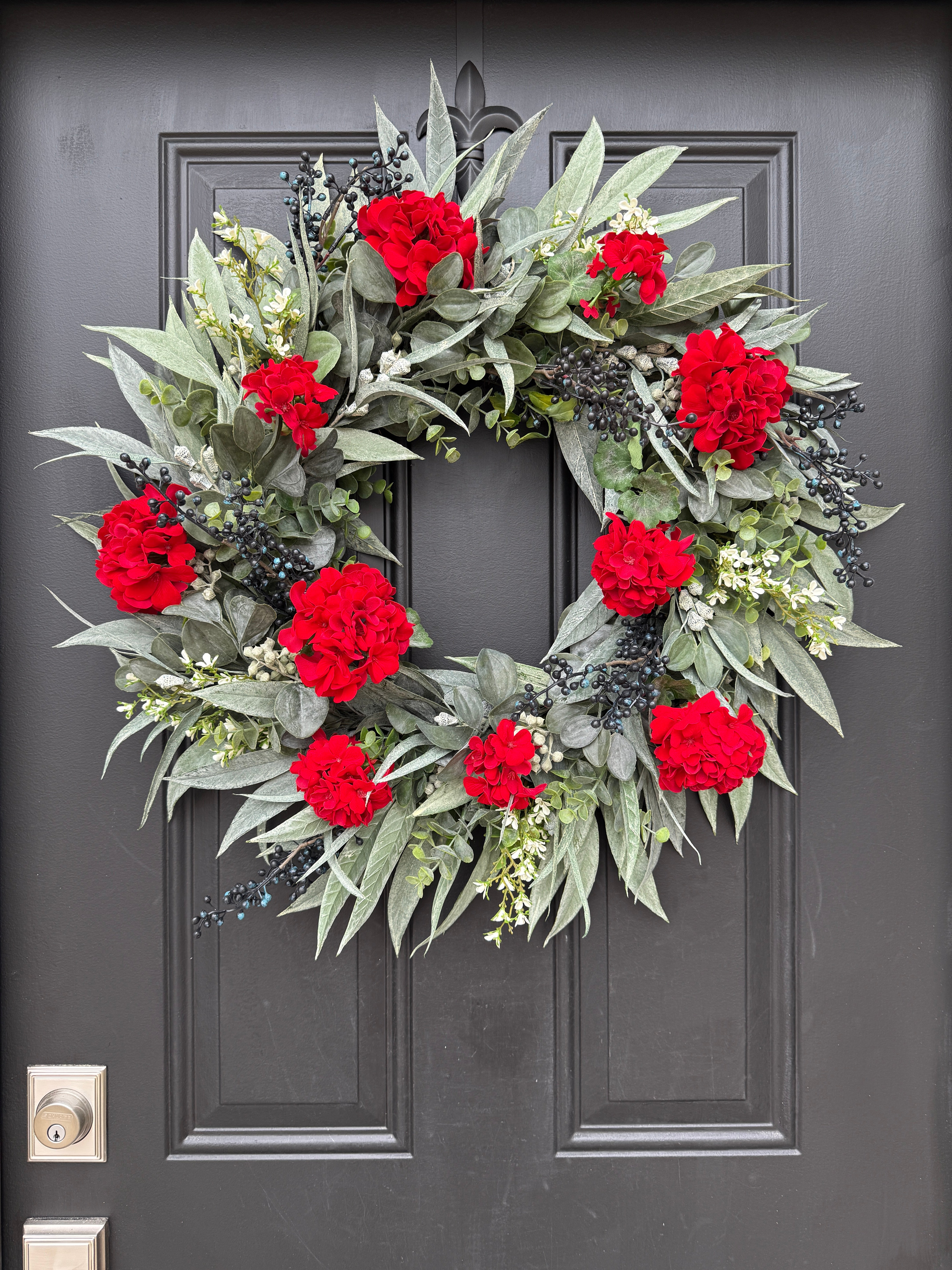 Patriotic Red Geranium Wreath with Lamb’s Ear – Americana Front Door Wreath by Twoinspireyou