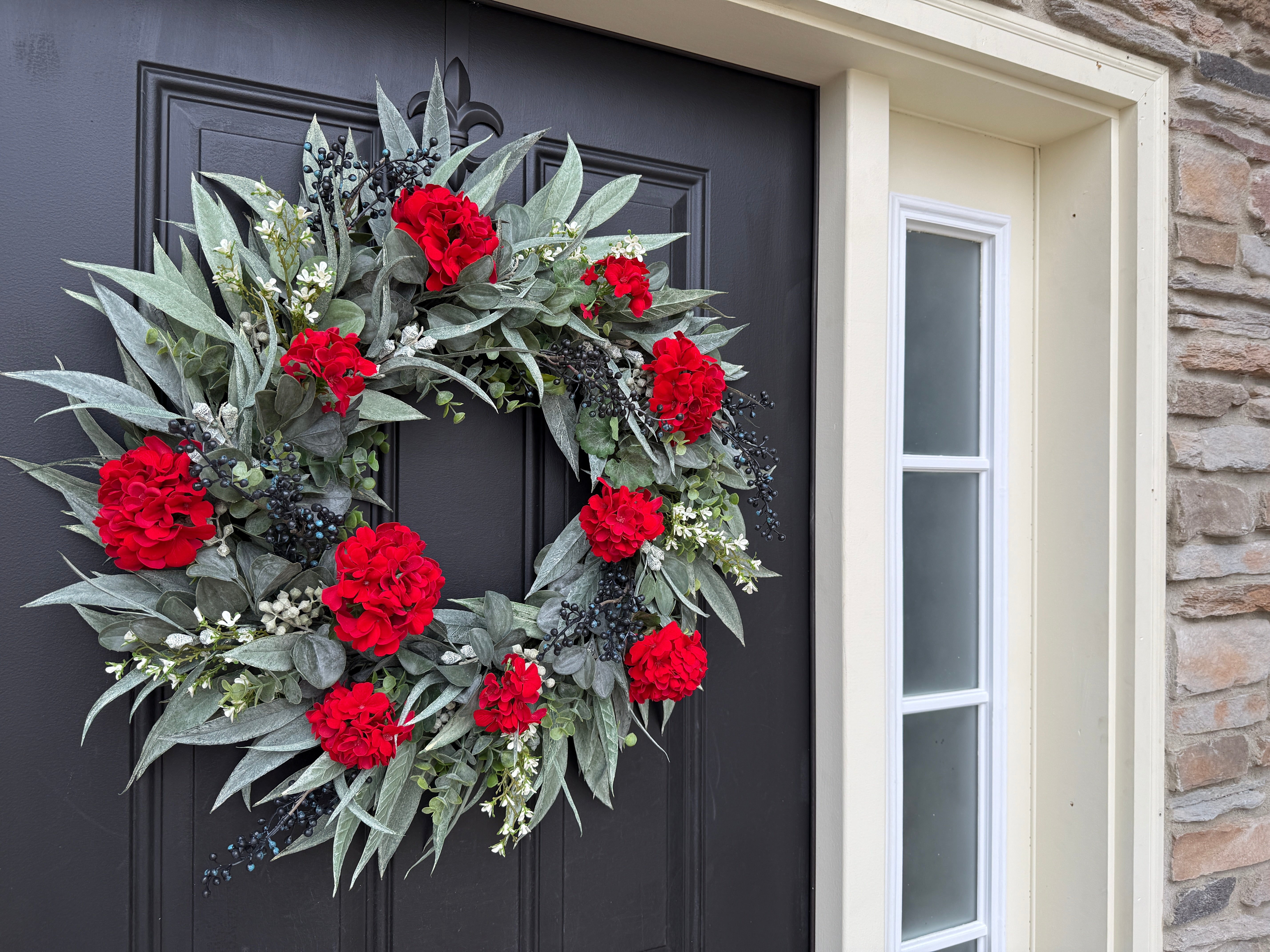 Patriotic Red Geranium Wreath with Lamb’s Ear – Americana Front Door Wreath by Twoinspireyou
