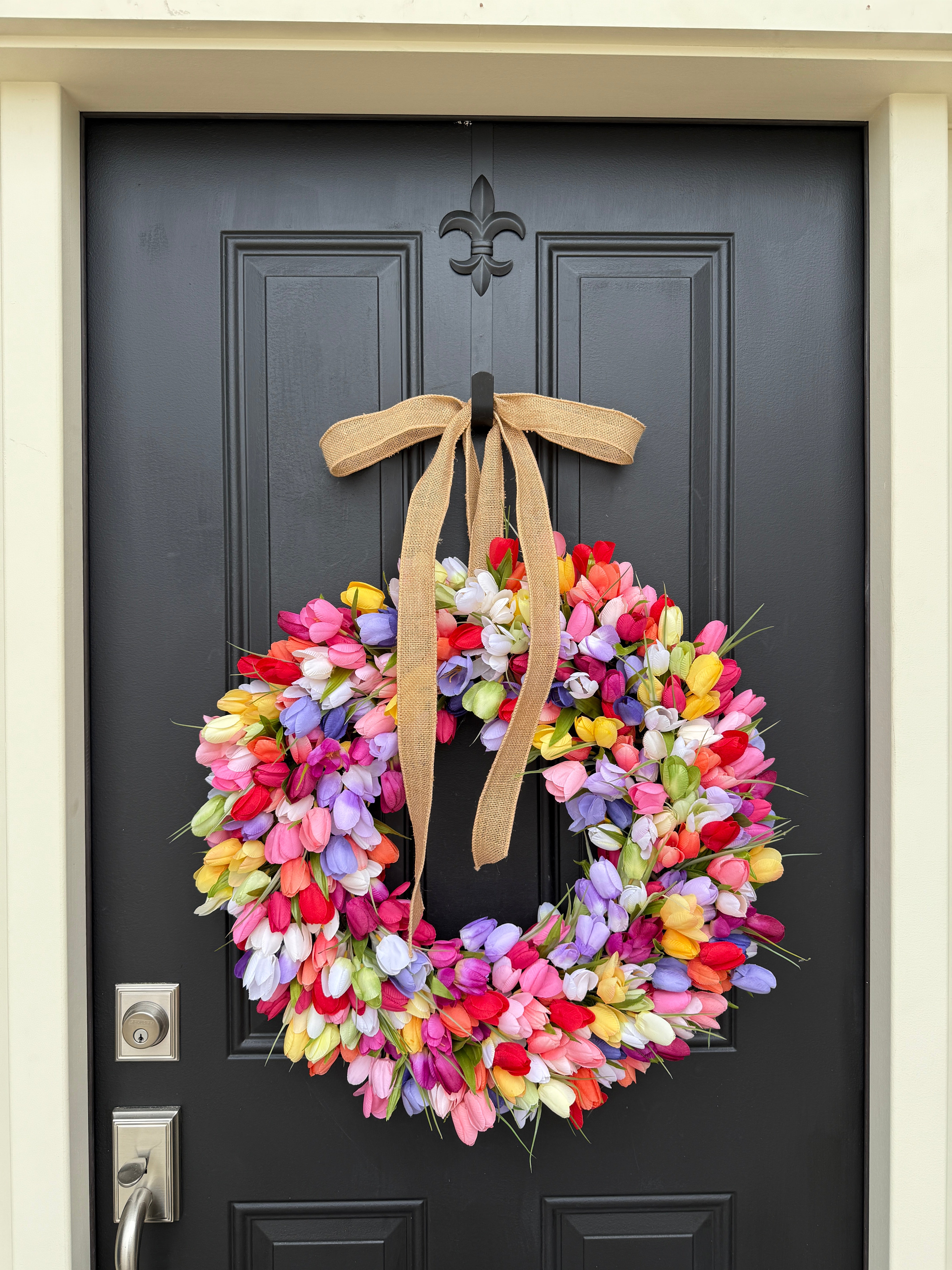 Handmade Rainbow Tulip Wreath for Front Door – Colorful Spring & Summer Decor with Burlap Bow