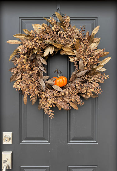 Bronze Bay Leaf and Pumpkin Fall Wreath