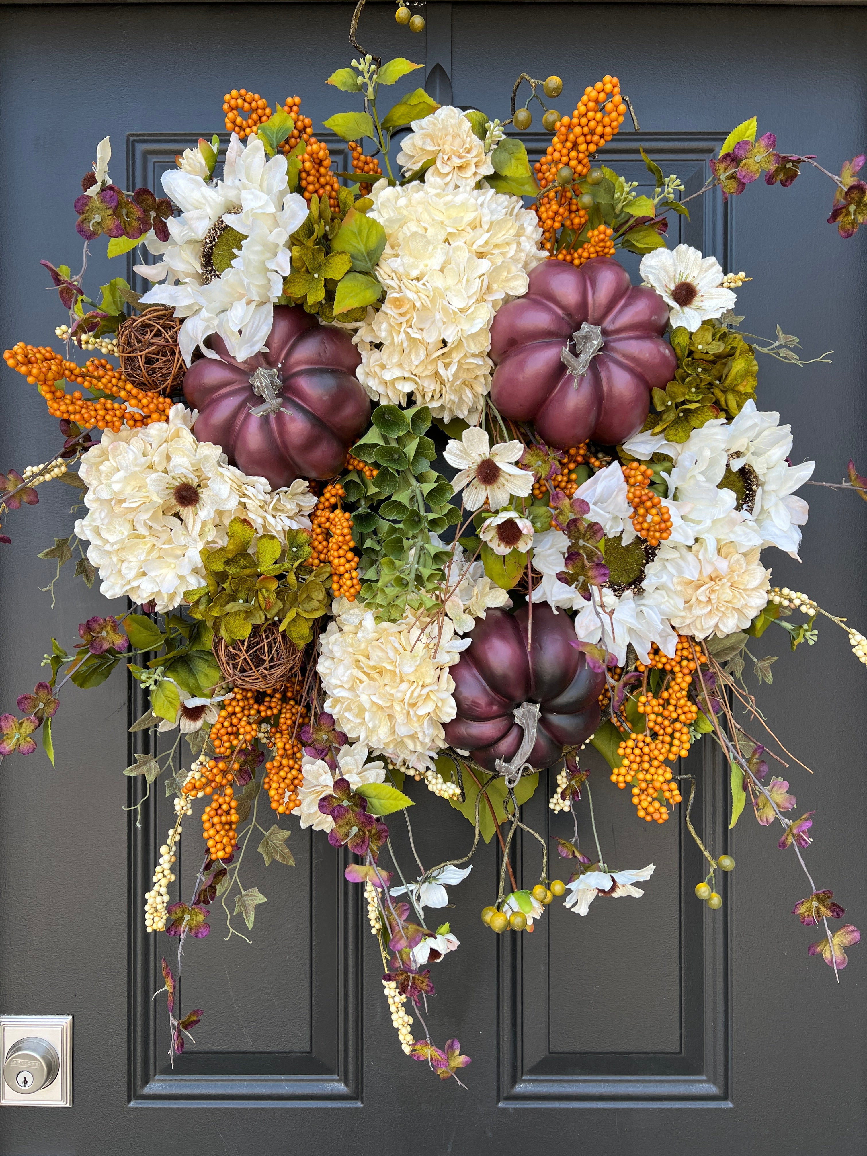 Elegant Fall Wreath with Pumpkins, Hydrangea, Sunflower & Berries