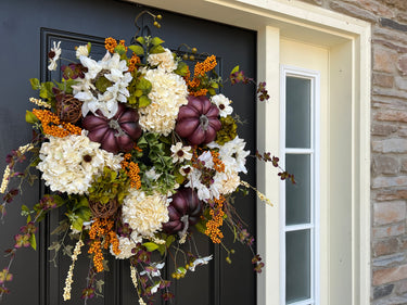 Elegant Fall Wreath with Pumpkins, Hydrangea, Sunflower & Berries - TwoInspireYou