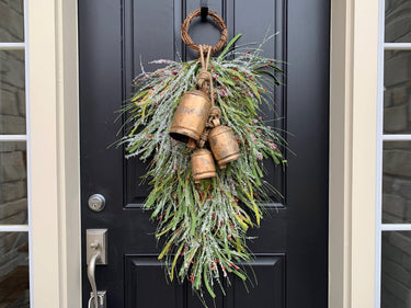 Christmas Swag for Front Door with Trio Gold Hanging Bells, Vintage Inspired Swag for Winter - TwoInspireYou