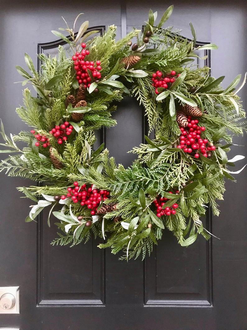 Natural Pine Wreath with Red Berries